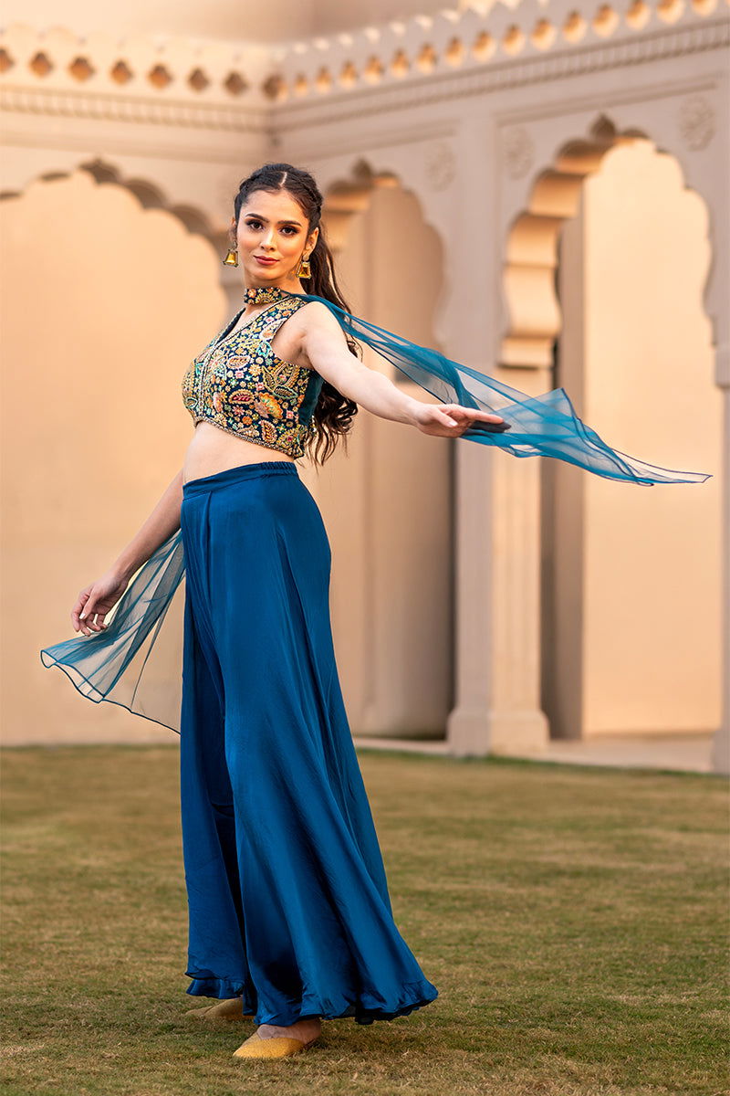 Peacock Blue Embroidered Tank Top with Matching Palazzo Pants and Net Dupatta - Mayrake - 