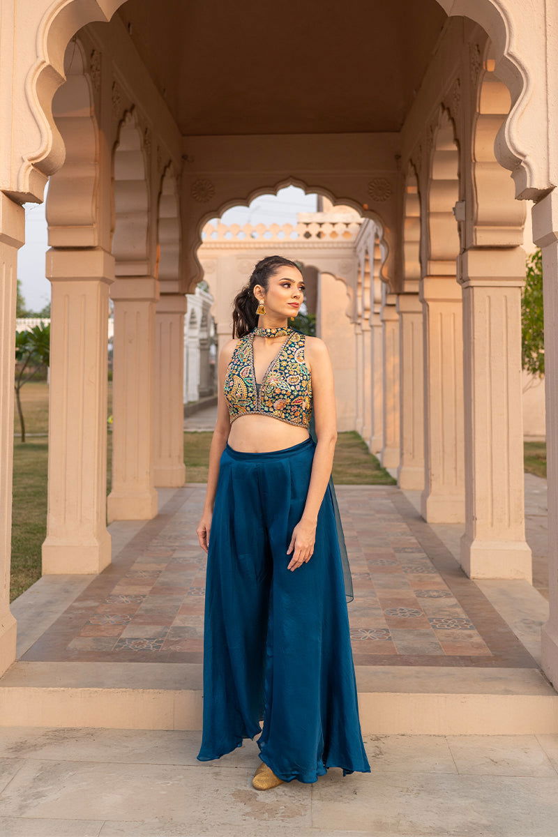 Peacock Blue Embroidered Tank Top with Matching Palazzo Pants and Net Dupatta - Mayrake.in