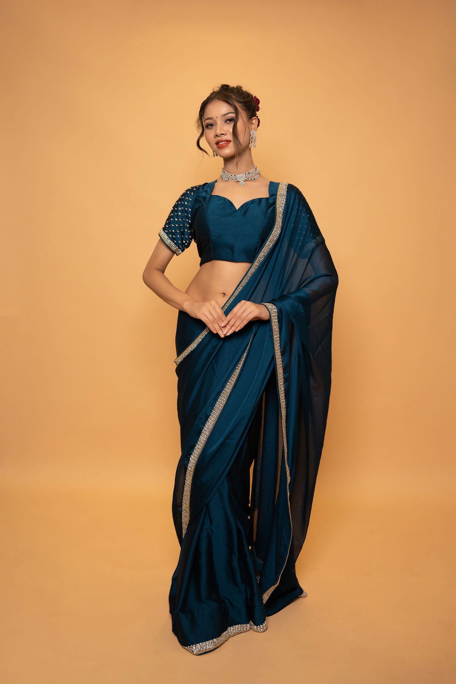 Peacock Blue Georgette Saree With Swarovski Work - Mayrake.in