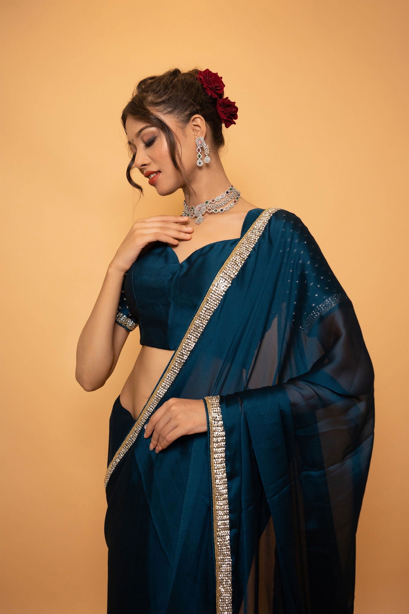 Peacock Blue Georgette Saree With Swarovski Work - Mayrake.in