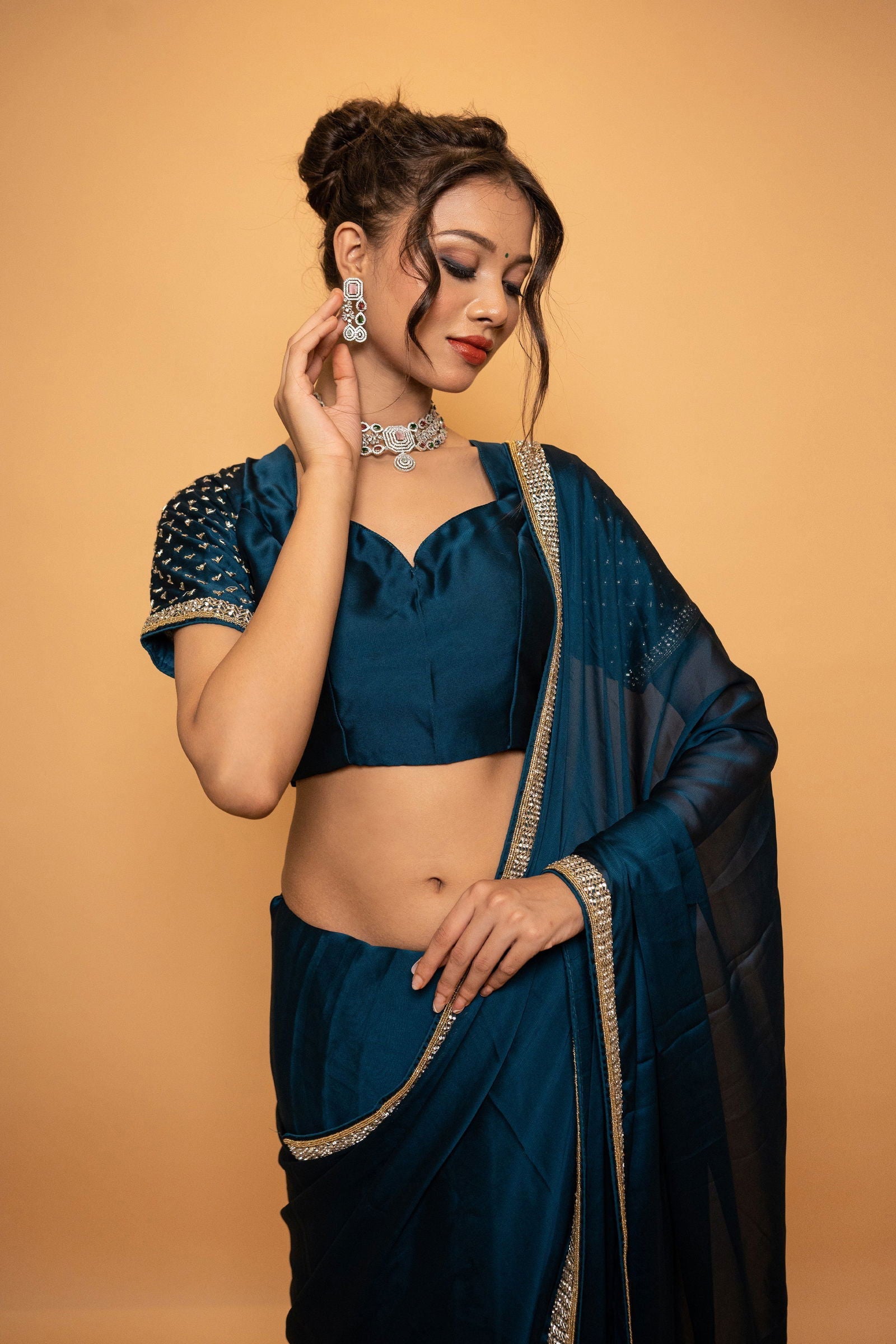 Peacock Blue Georgette Saree With Swarovski Work - Mayrake.in