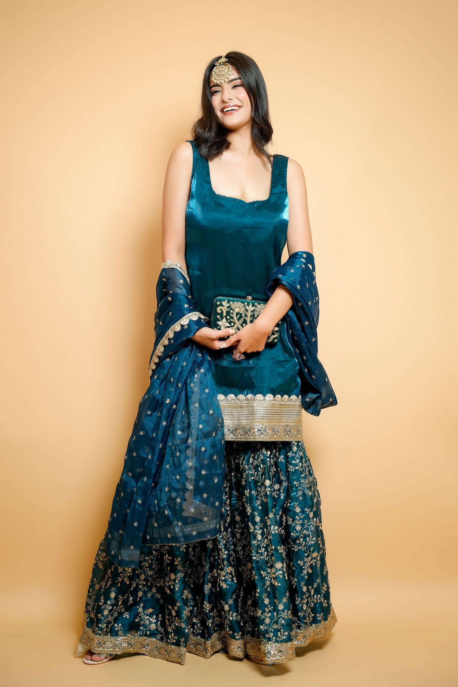 Peacock Blue Organza Embroidered Garara Suit with Buti Lace Dupatta - Mayrake