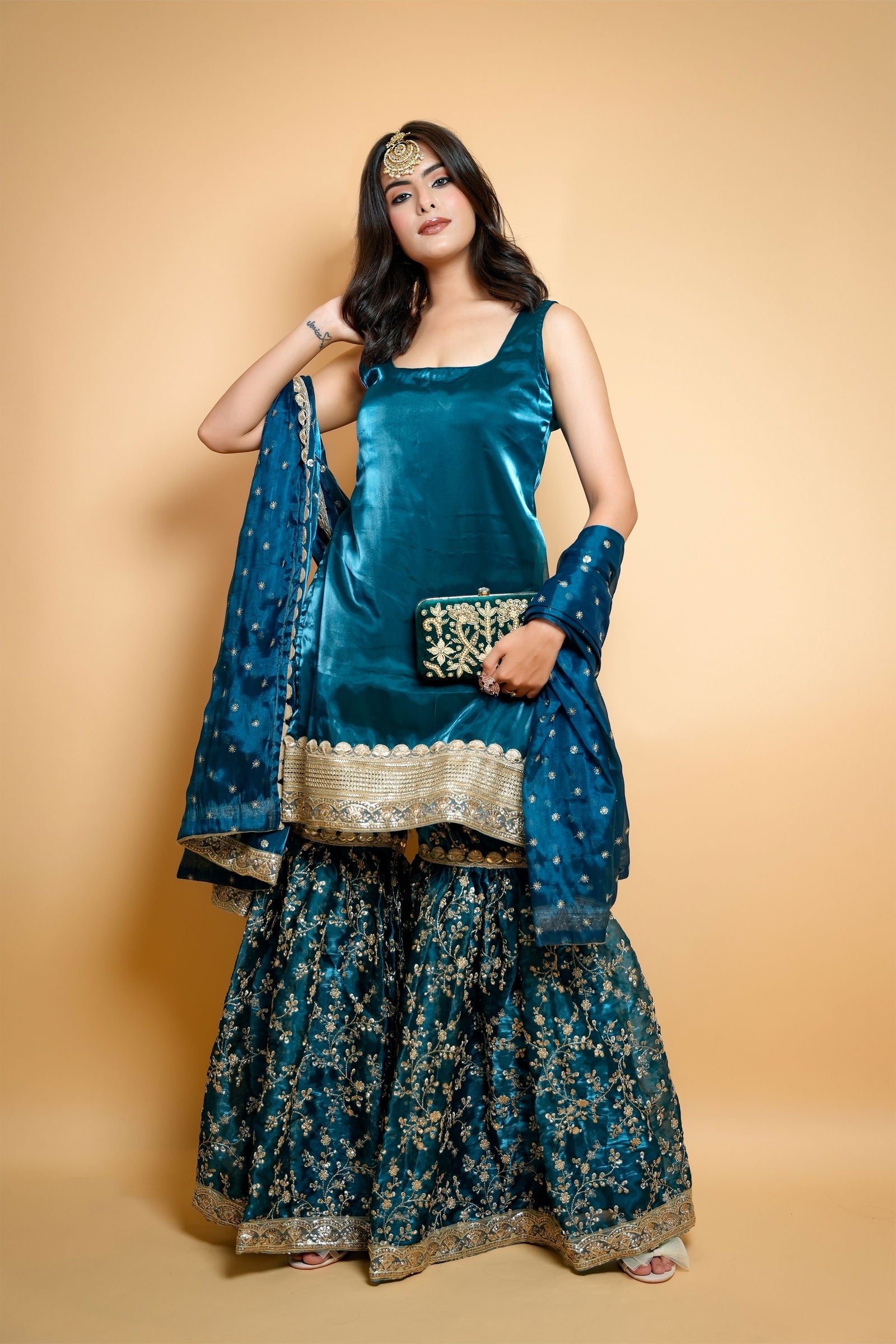Peacock Blue Organza Embroidered Garara Suit with Buti Lace Dupatta - Mayrake