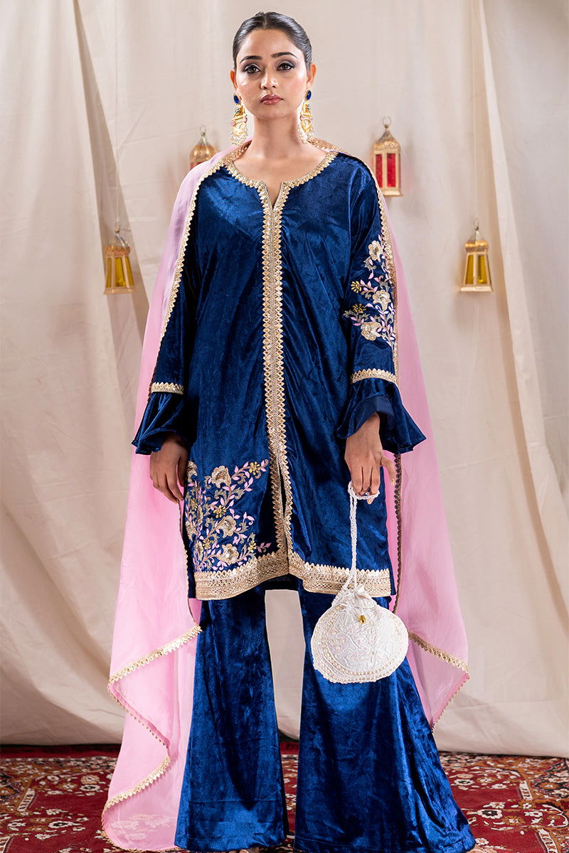 Peacock Blue Short Velvet Embroidered Kurta with Lace Detailing, Palazzo Pants, and Dupatta - Mayrake - 