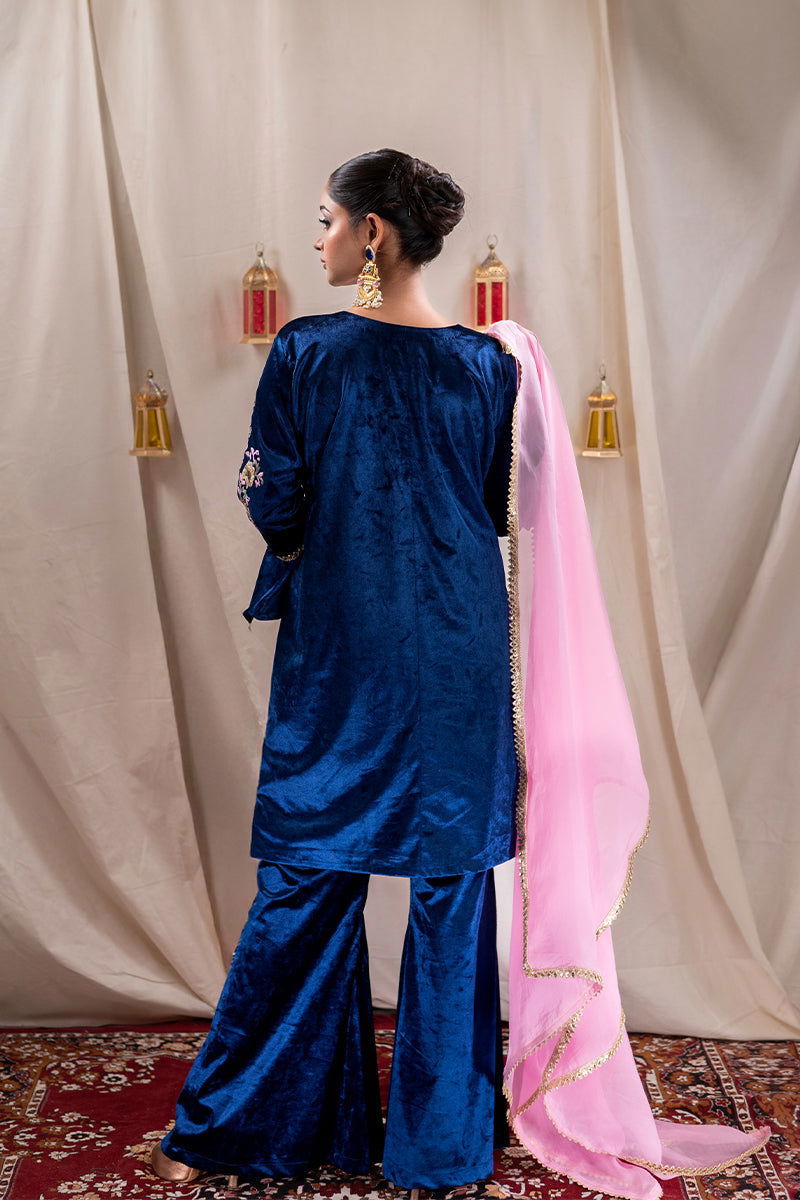Peacock Blue Velvet Embroidered Palazzo Sets - Mayrake.in