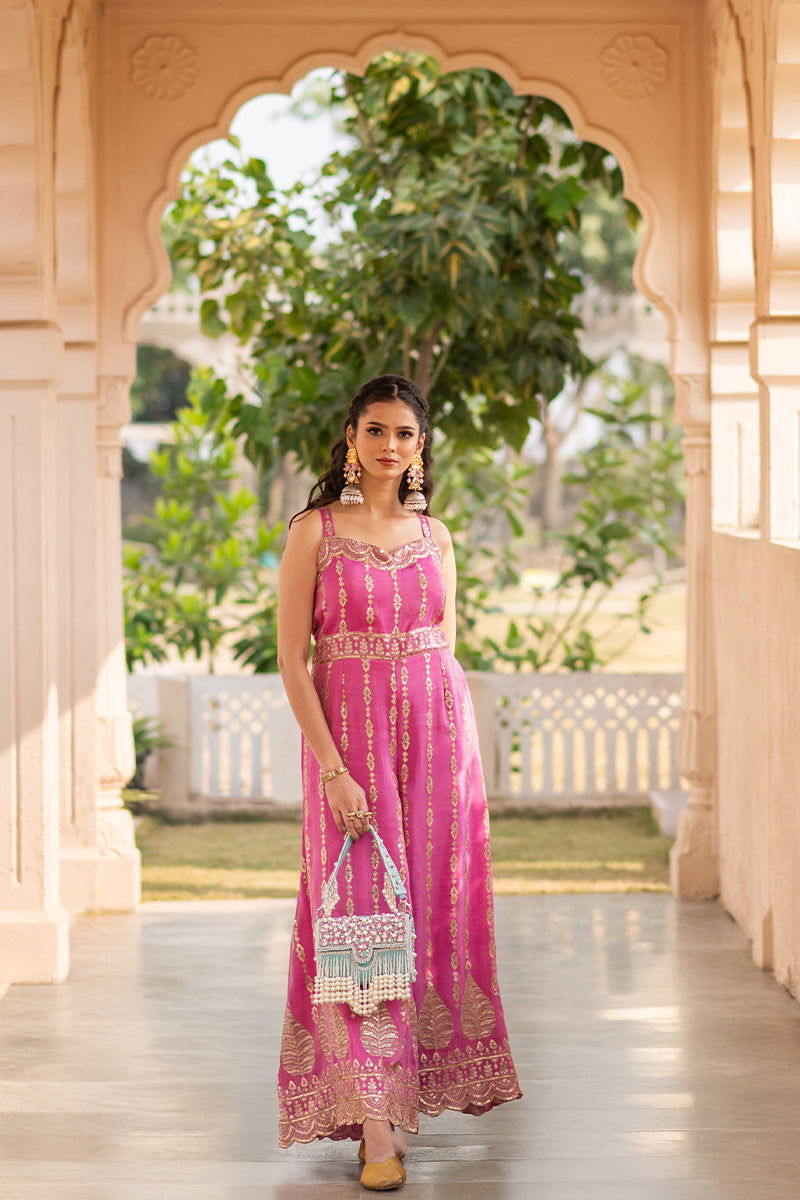 Pink Raw Silk Jumpsuit Golden Thread with Sequin Embroidery - Mayrake - 