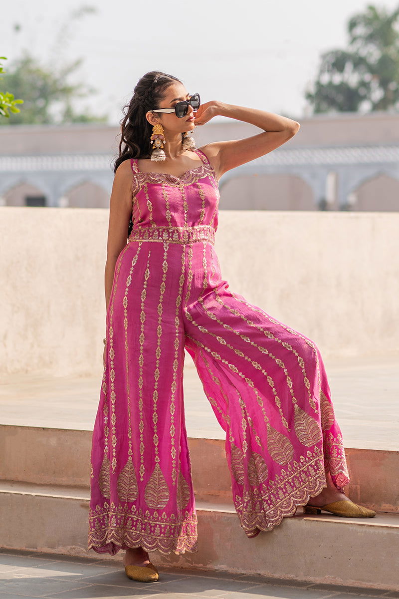 Pink Raw Silk Jumpsuit Golden Thread with Sequin Embroidery - Mayrake - 