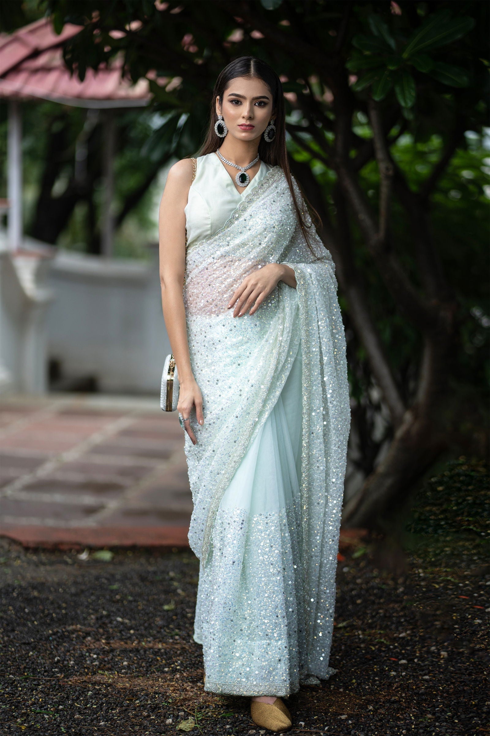 Pista Green Super Net Saree with Sequin Detailing, Pearl Work, and matching  Blouse - Mayrake