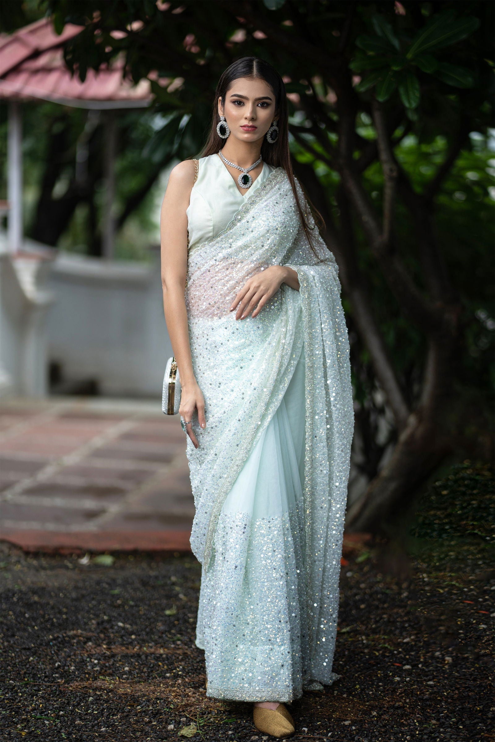 Pista Green Super Net Saree with Sequin Detailing and Pearl Work - Mayrake.in