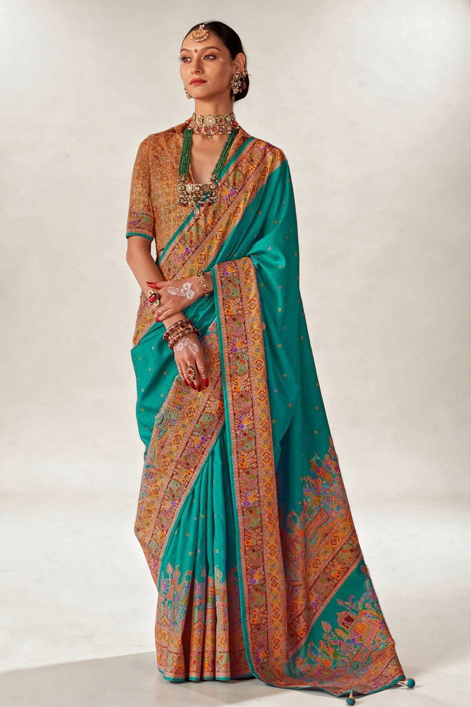 Aqua Blue Green Raw Silk Saree with Heritage Prints