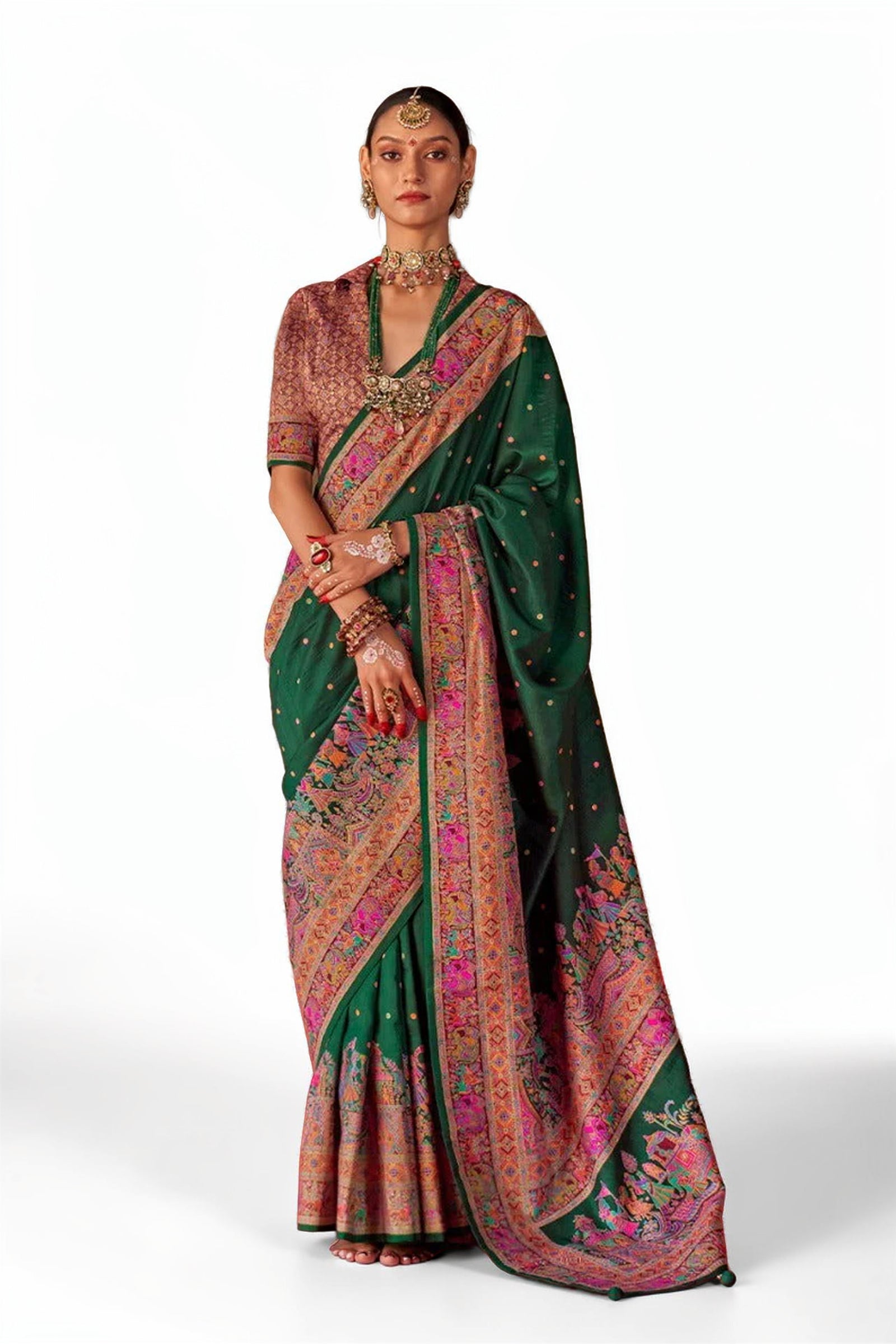 Bottle Green Raw Silk Saree with Heritage Prints