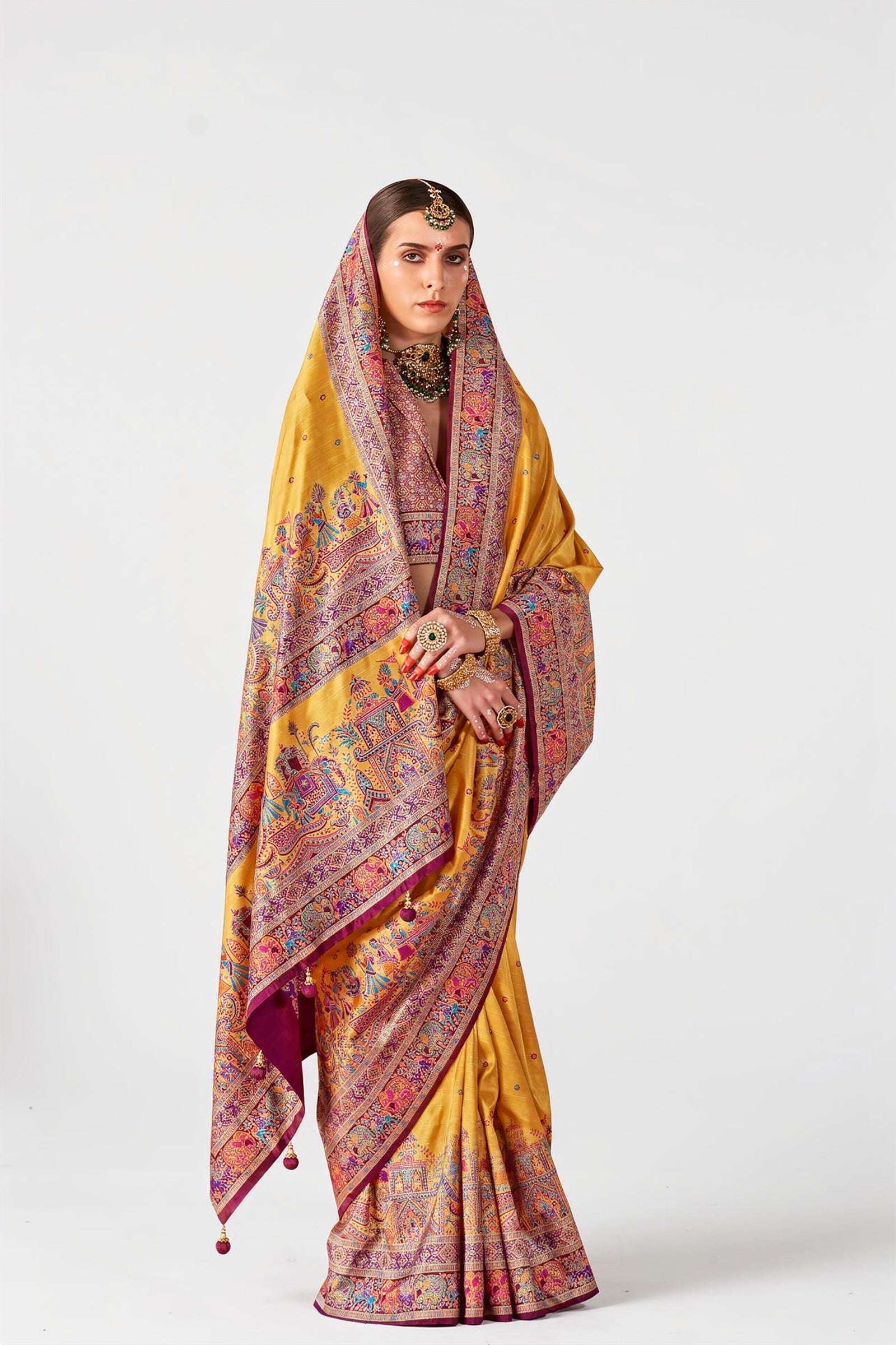 Marigold Yellow Raw Silk Saree with Heritage Prints