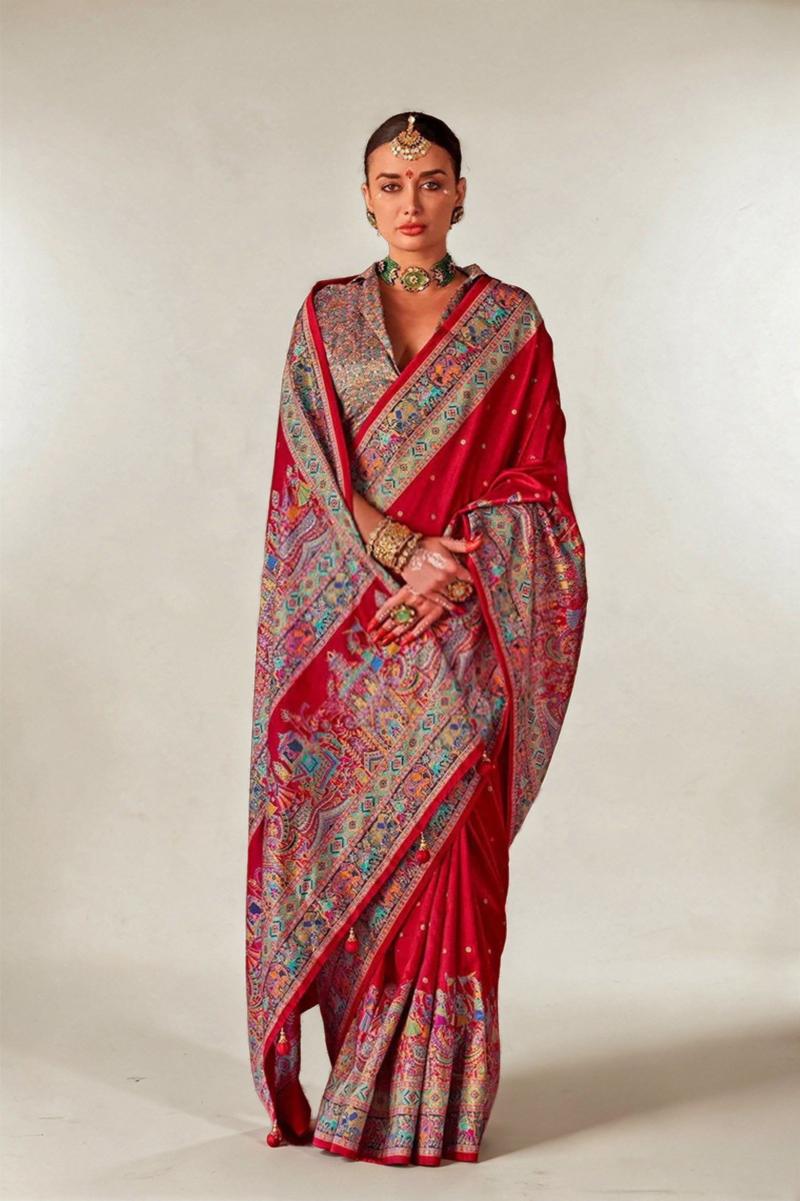 Cherry Red Raw Silk Saree with Heritage Prints
