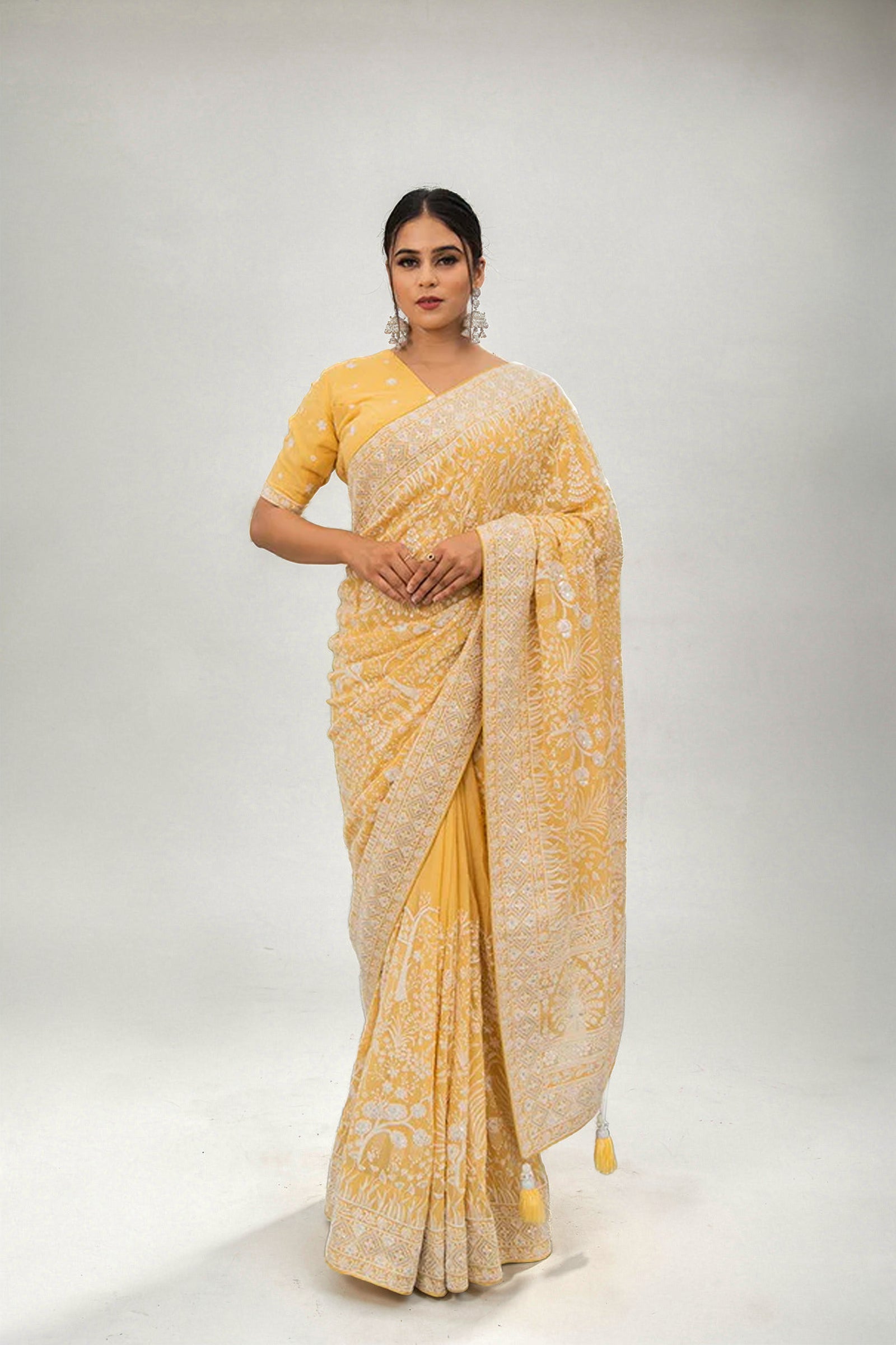 Light Yellow Lucknowi Georgette Saree with Beautiful Tassels and Zari Work