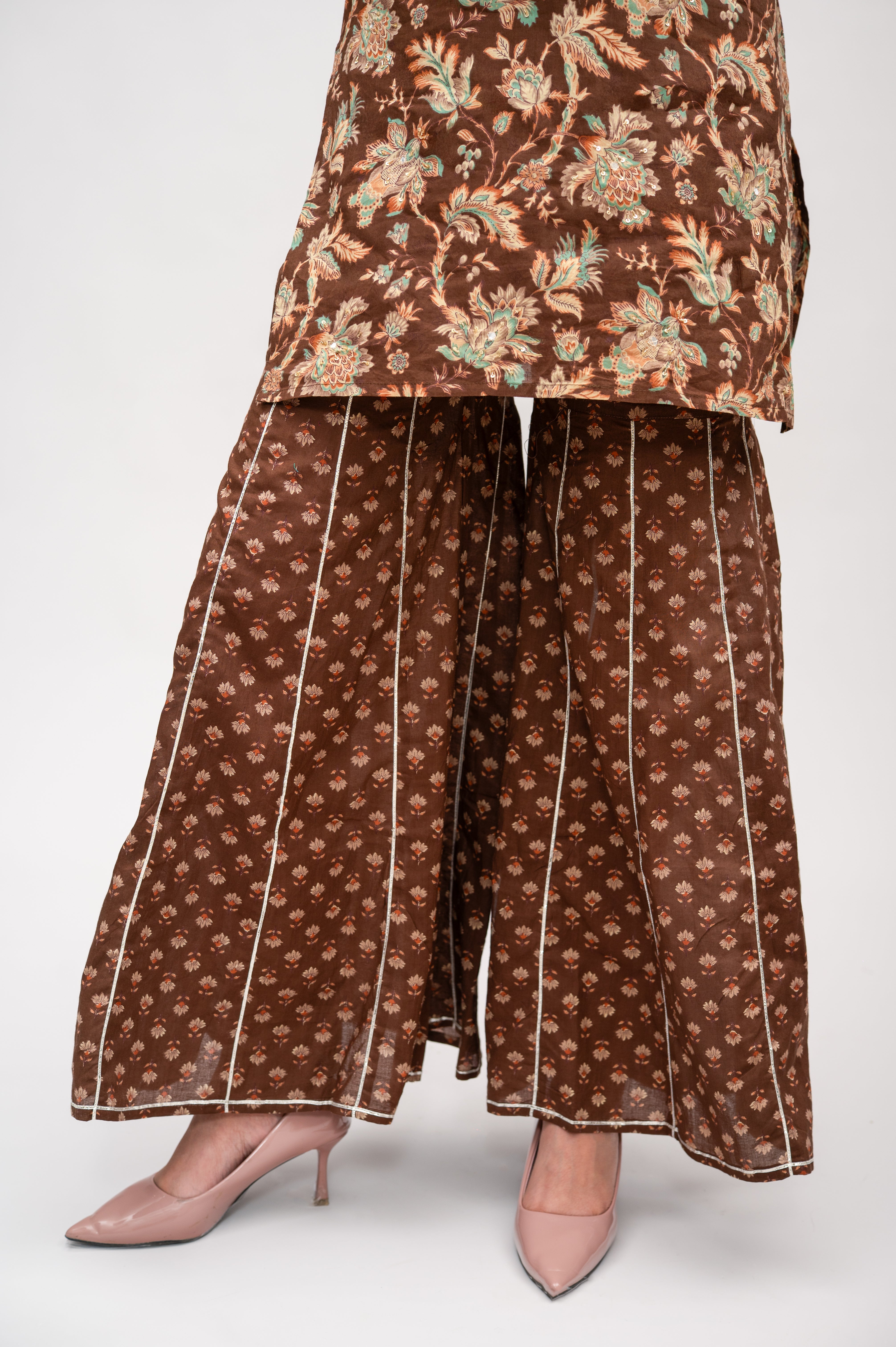 Brown Mal Cotton Floral Print Sharara Suit with Mirror Embroidery
