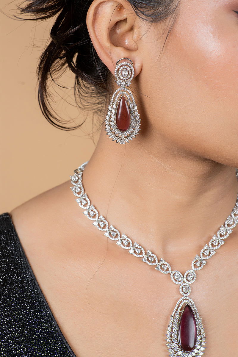 Purple Garnet American Diamond Necklace with Tear Drop Earrings - Mayrake