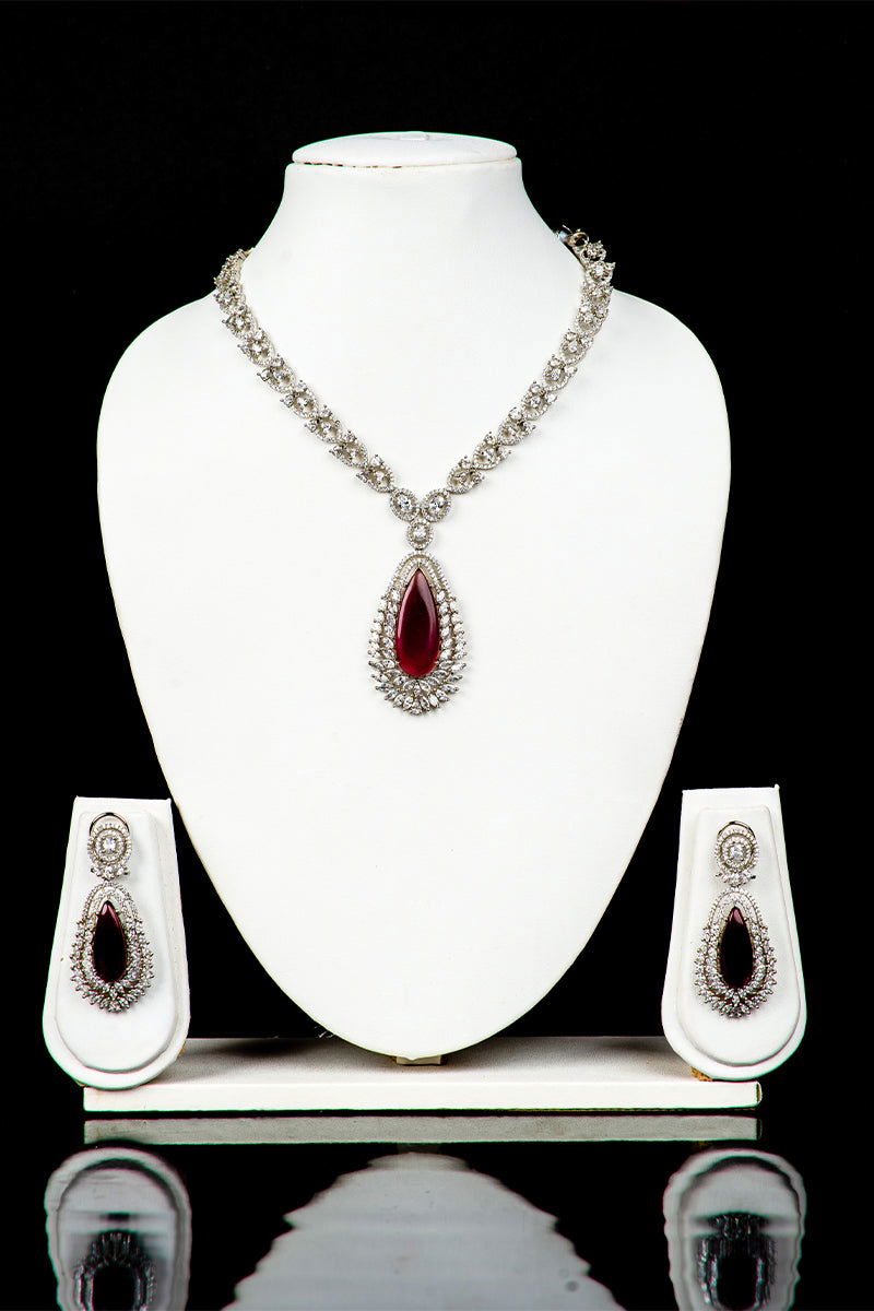 Purple Garnet American Diamond Necklace with Tear Drop Earrings - Mayrake