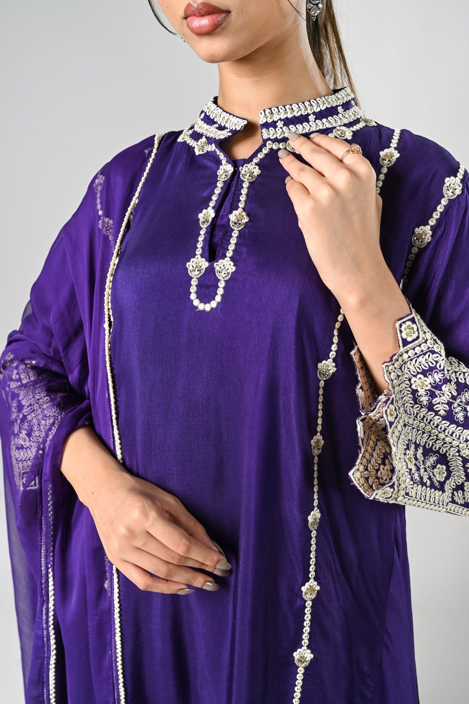 Purple Palazzo Crepe Kurta Set with Silver Embroidery - Mayrake.in