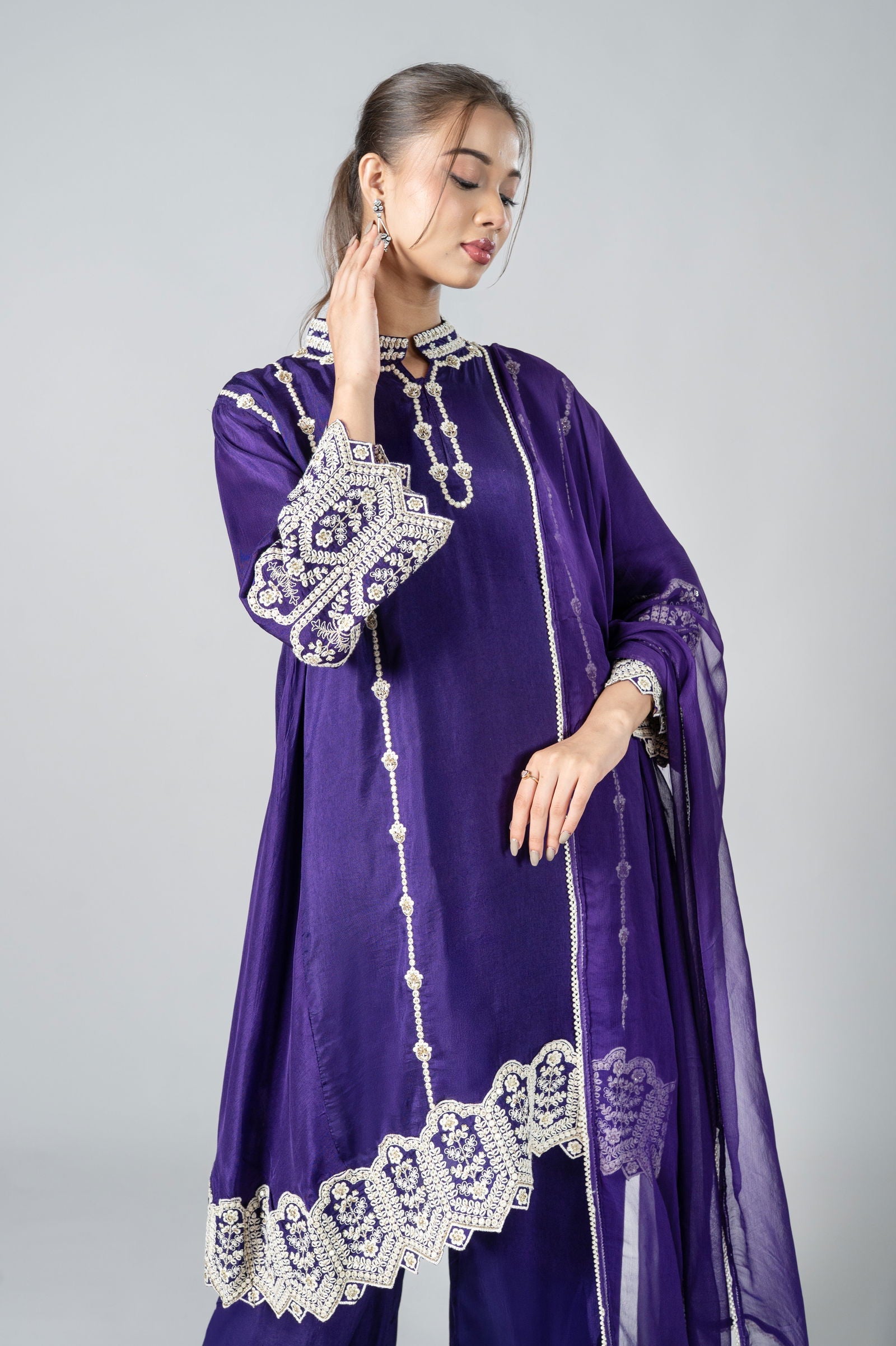 Purple Palazzo Crepe Kurta Set with Silver Embroidery - Mayrake.in