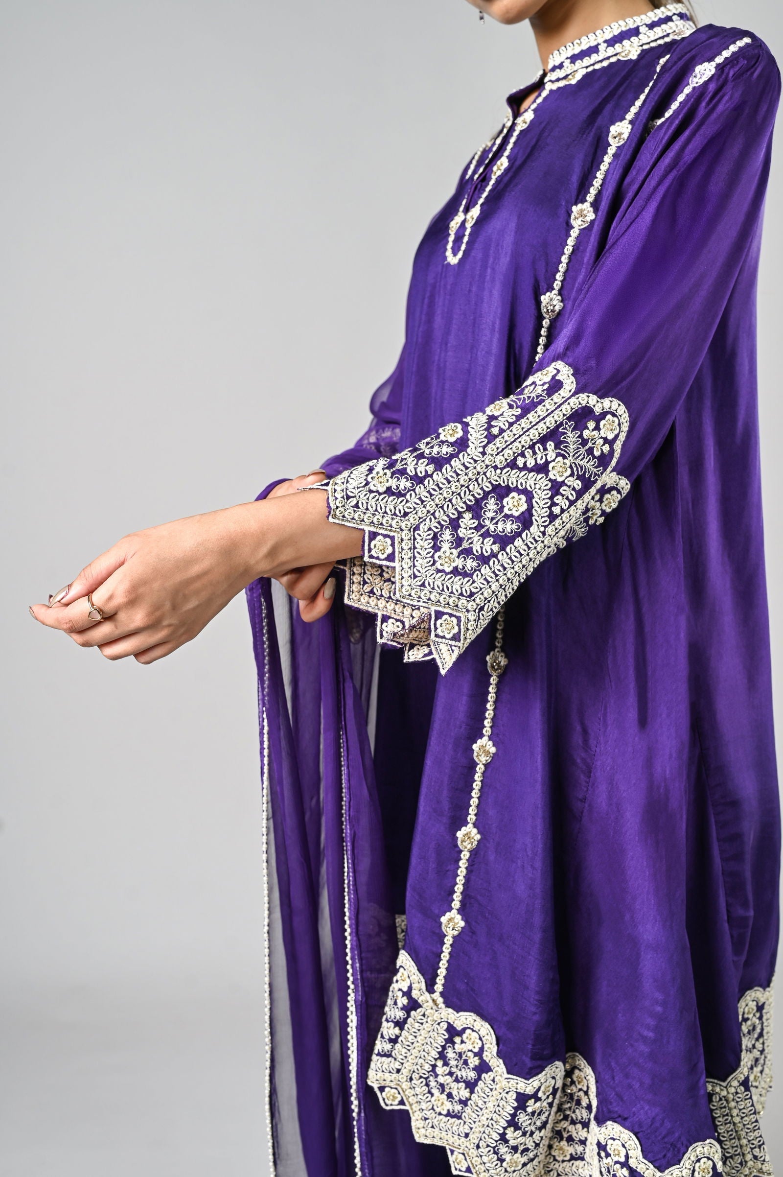 Purple Palazzo Crepe Kurta Set with Silver Embroidery - Mayrake.in