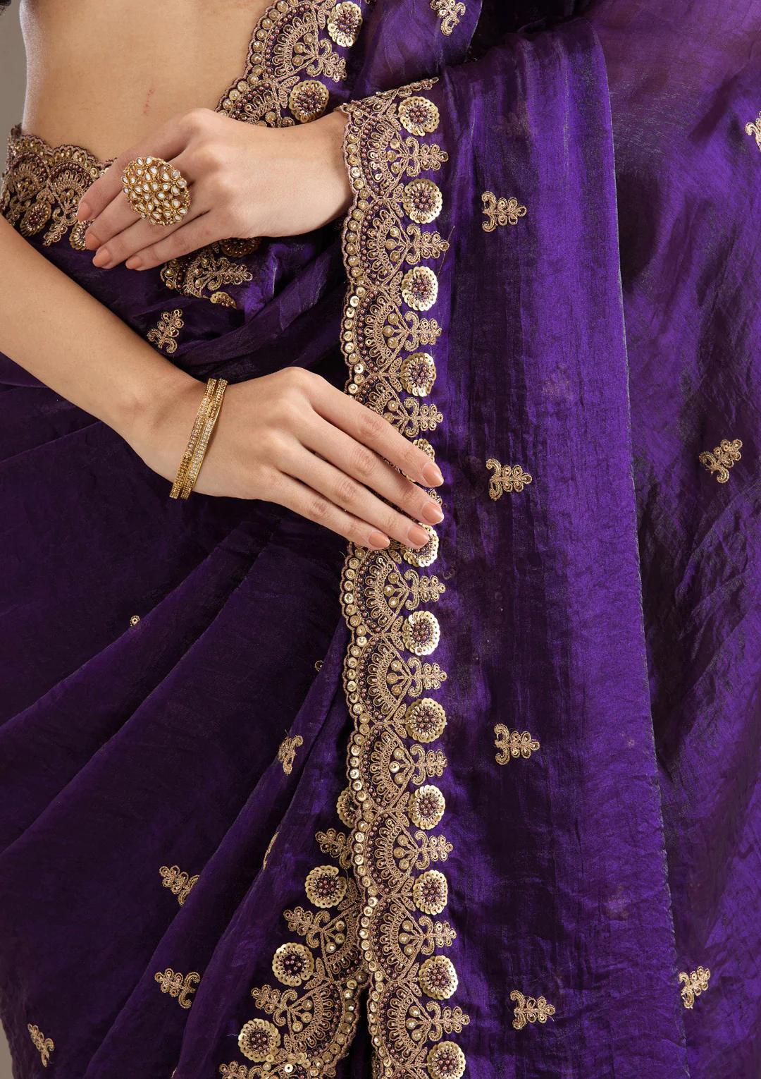 Purple Royal Shine Silk Saree with Beautiful Embroidery Work - Mayrake.in
