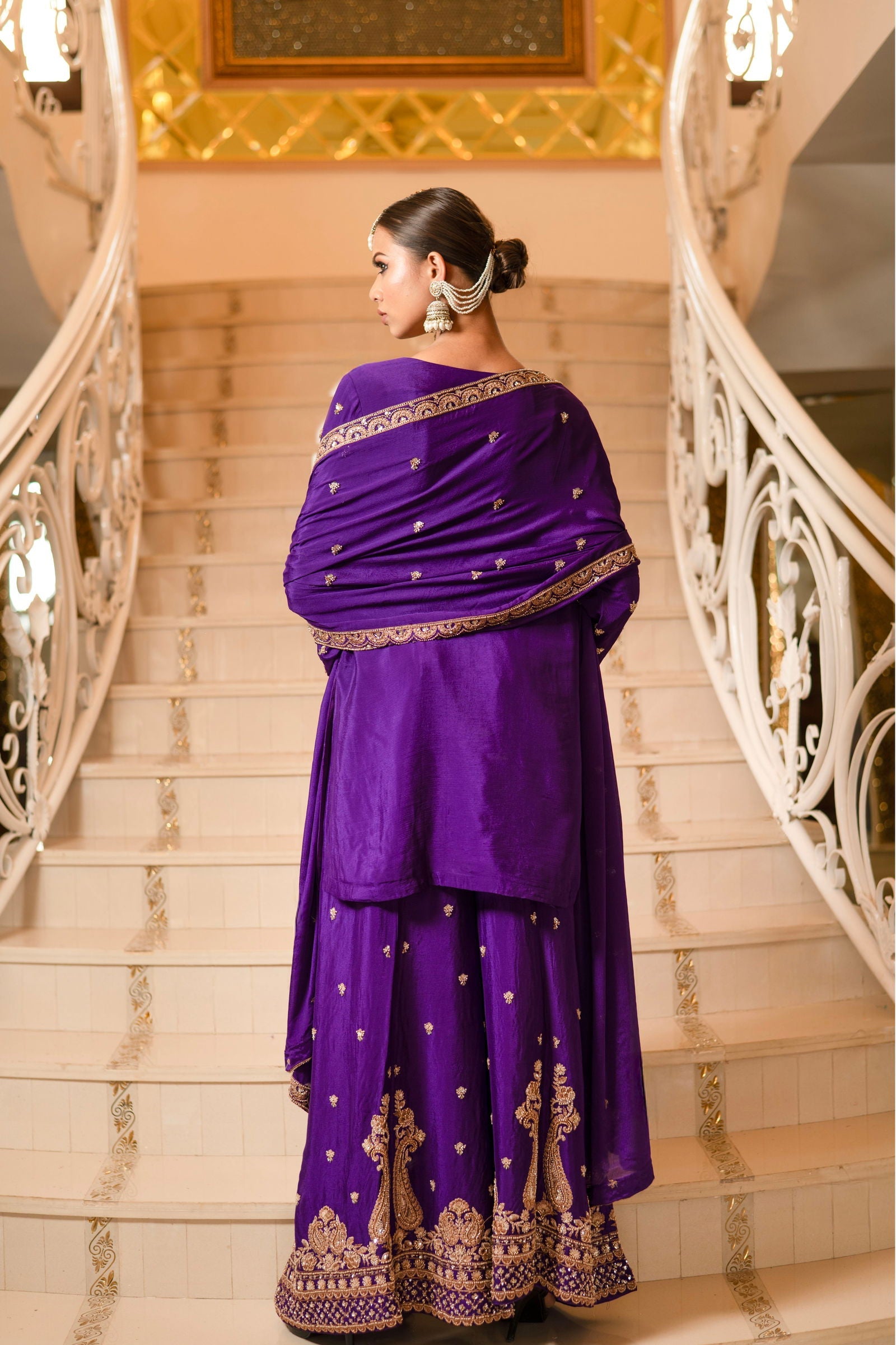 Purple Viscose Silk Detailed Heavy Embroidered Sharara Set - Mayrake.in