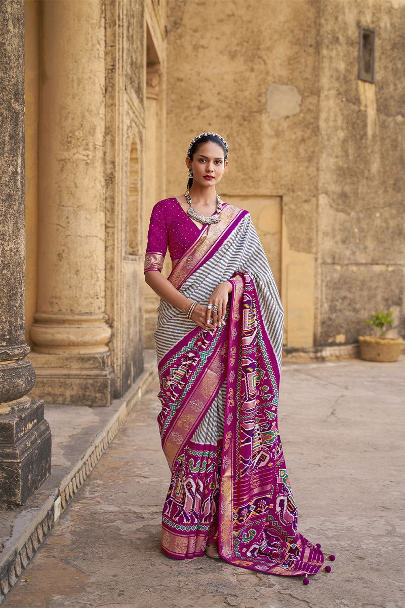 Purplish Cream Viscose Silk with Silver Zari Border, Floral Design & Apoxy Work - Mayrake - 
