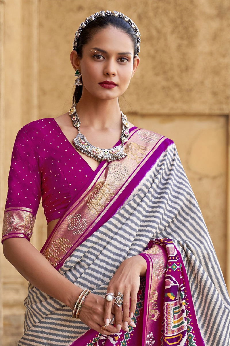 Purplish Cream Viscose Silk with Silver Zari Border, Floral Design & Apoxy Work - Mayrake - 