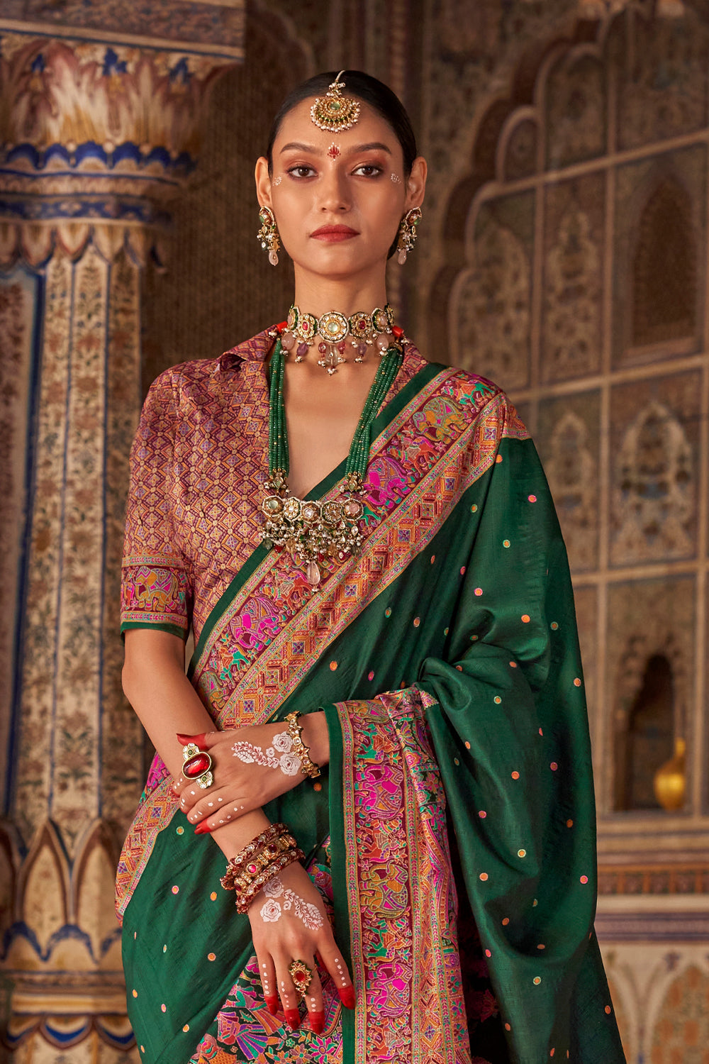Bottle Green Raw Silk Saree with Heritage Prints