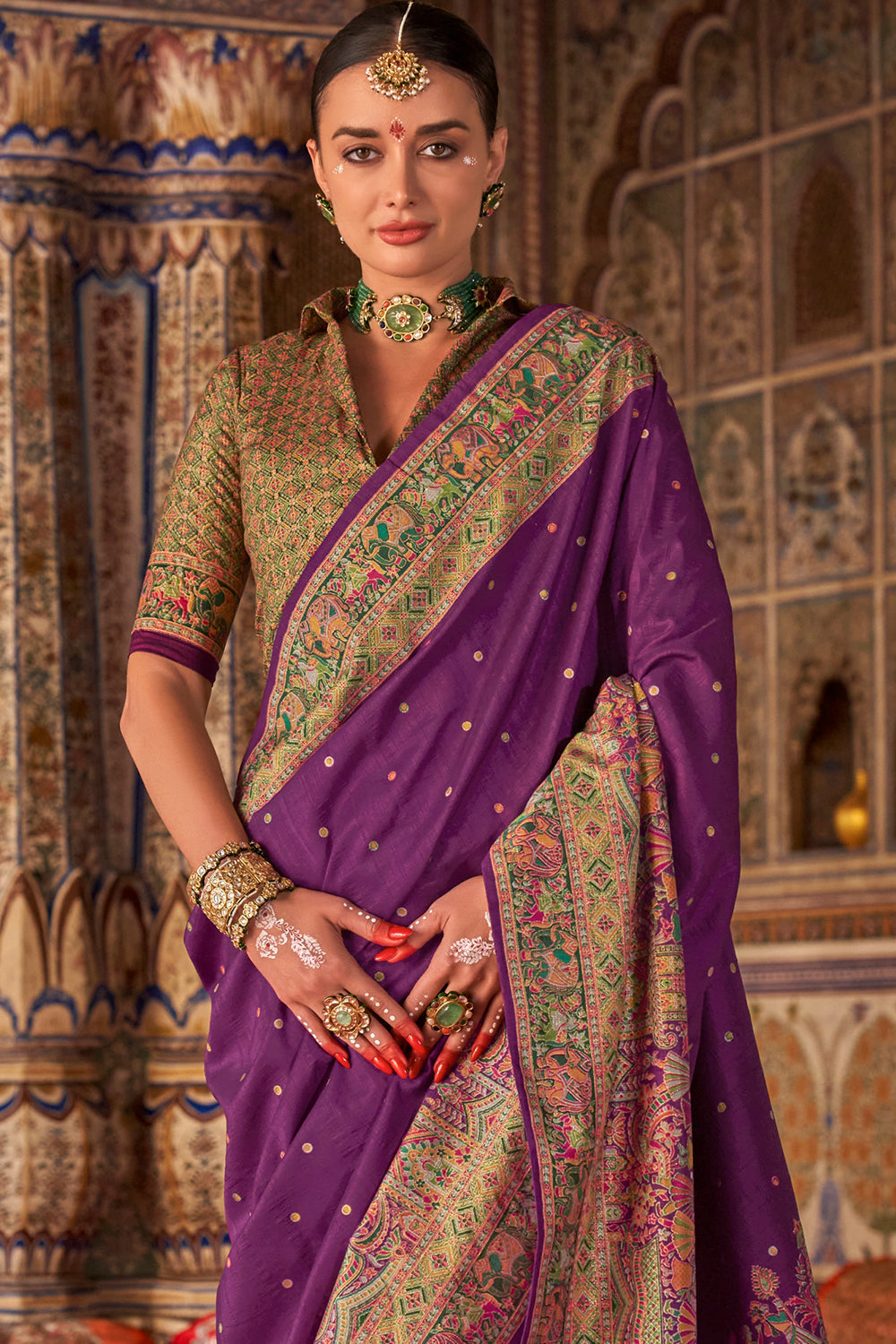Purple Raw Silk Saree with Heritage Prints