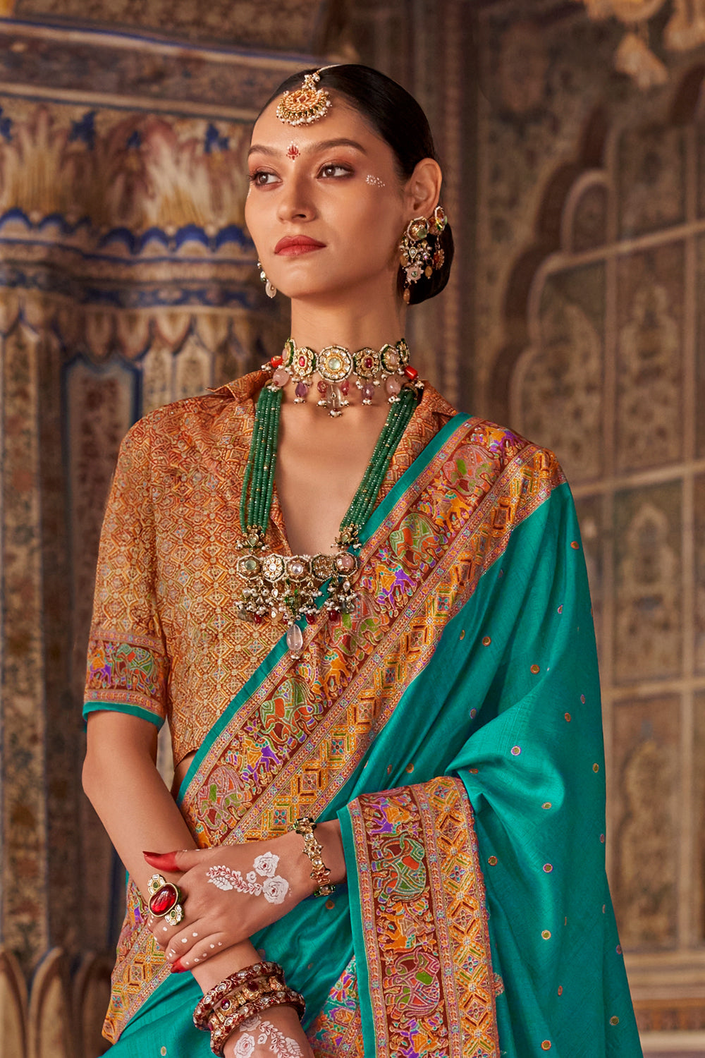 Aqua Blue Green Raw Silk Saree with  Heritage Prints