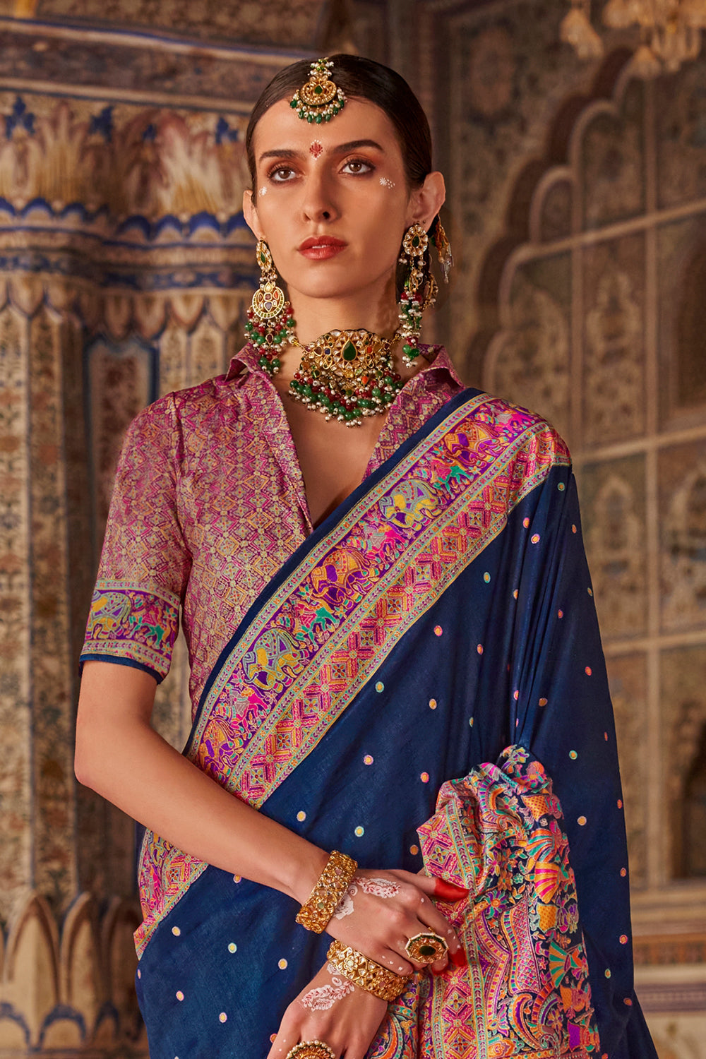 Dark Navy Blue Raw Silk Saree with Heritage Prints