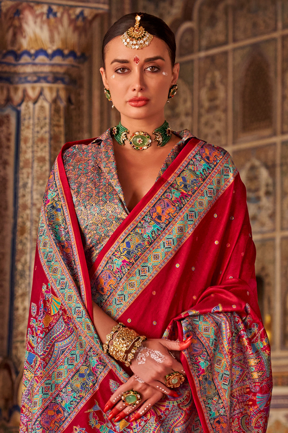Cherry Red Raw Silk Saree with Heritage Prints