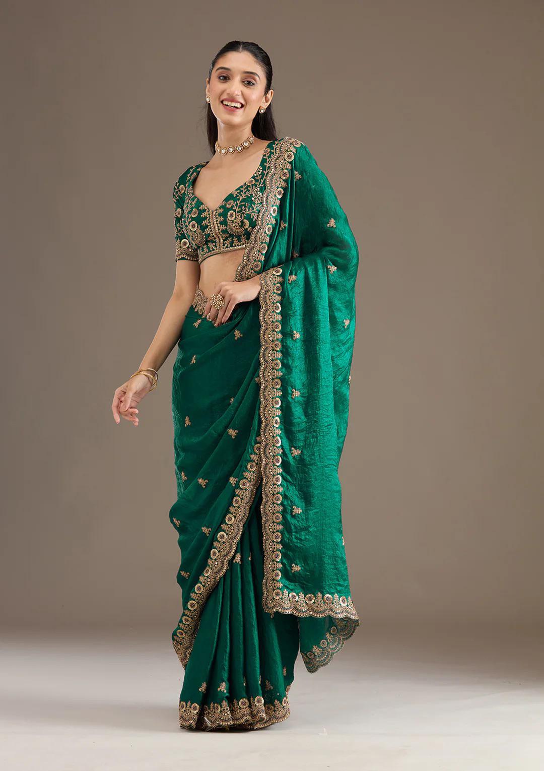 Rama Green Royal Shine Silk Saree with Beautiful Embroidery Work - Mayrake.in