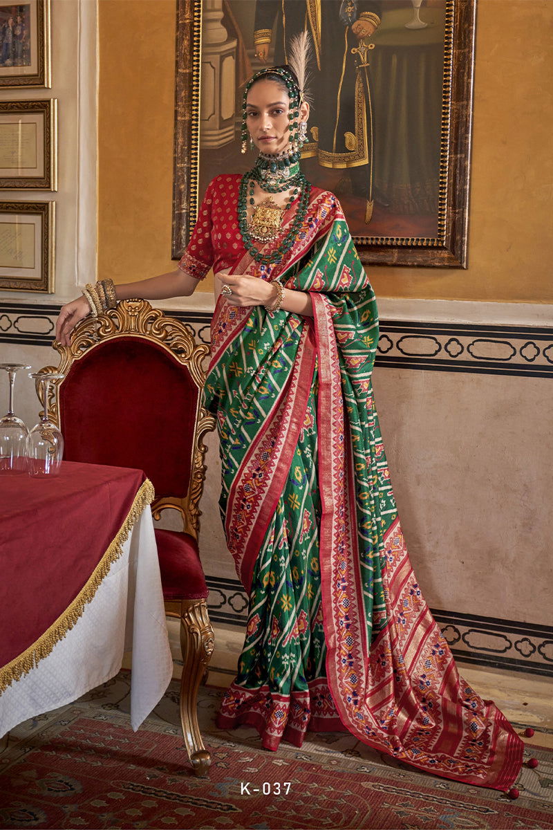 Emerald Green with Red Border Viscose Silk with Patola Design and Apoxy Finish - Mayrake - 