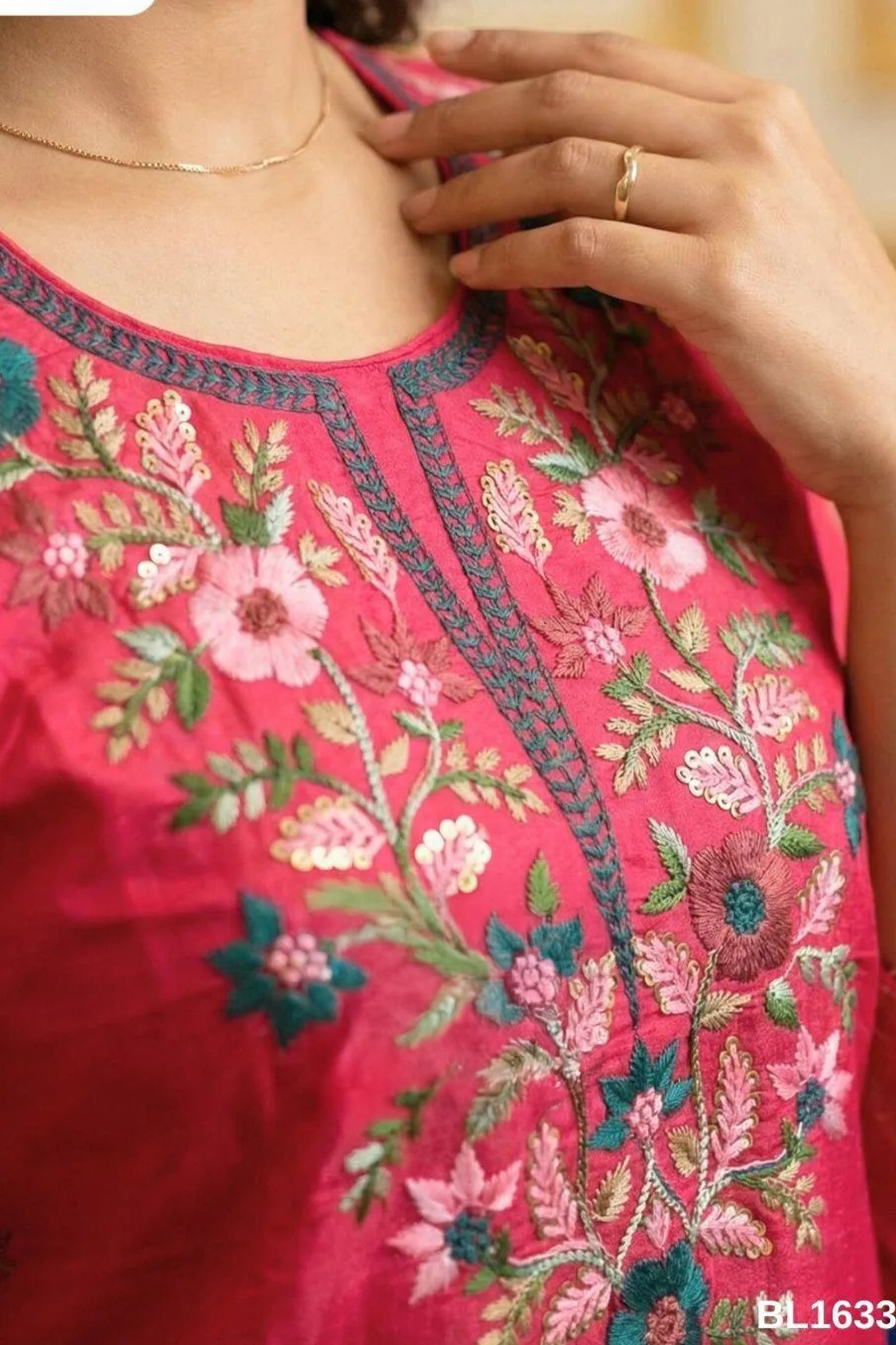 Rani Pink Crepe Silk Straight Kurta with Straight Pant and Hand-Embroidered Floral Work