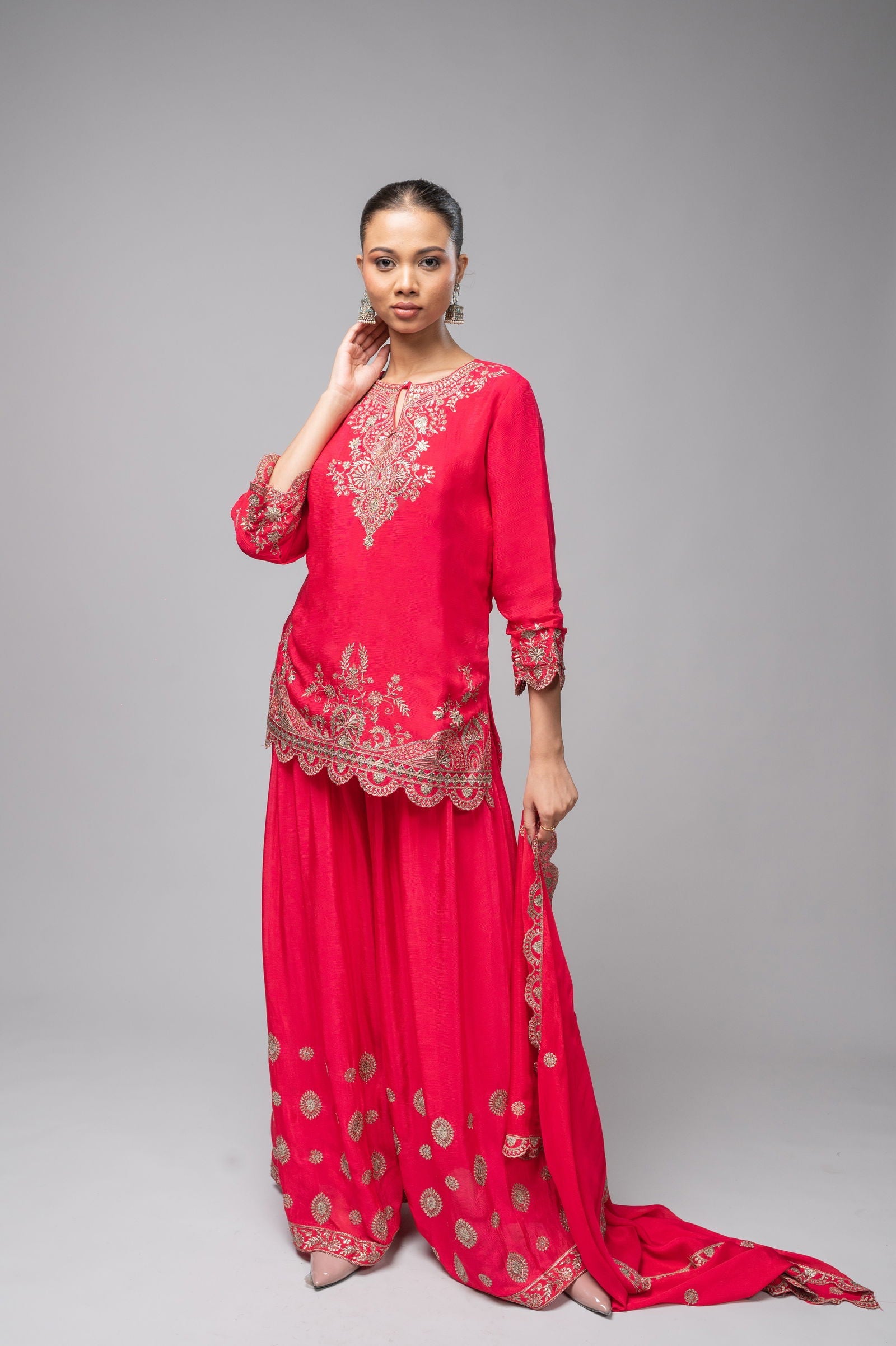 Rani Pink Crepe Kurta Sharara Set with Golden Zari Embroidery - Mayrake.in