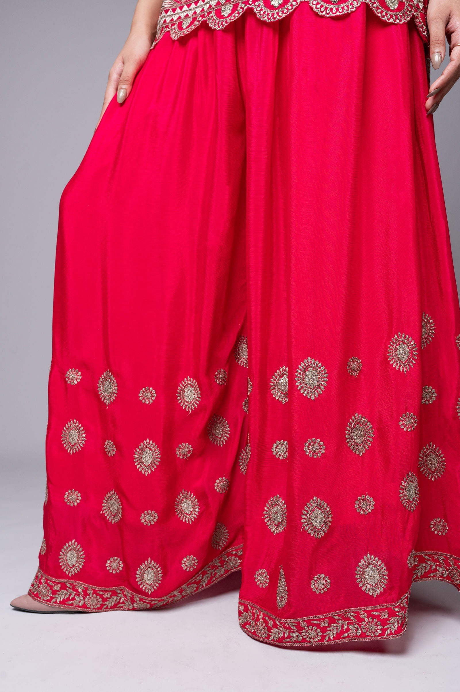 Rani Pink Crepe Kurta Sharara Set with Golden Zari Embroidery - Mayrake.in