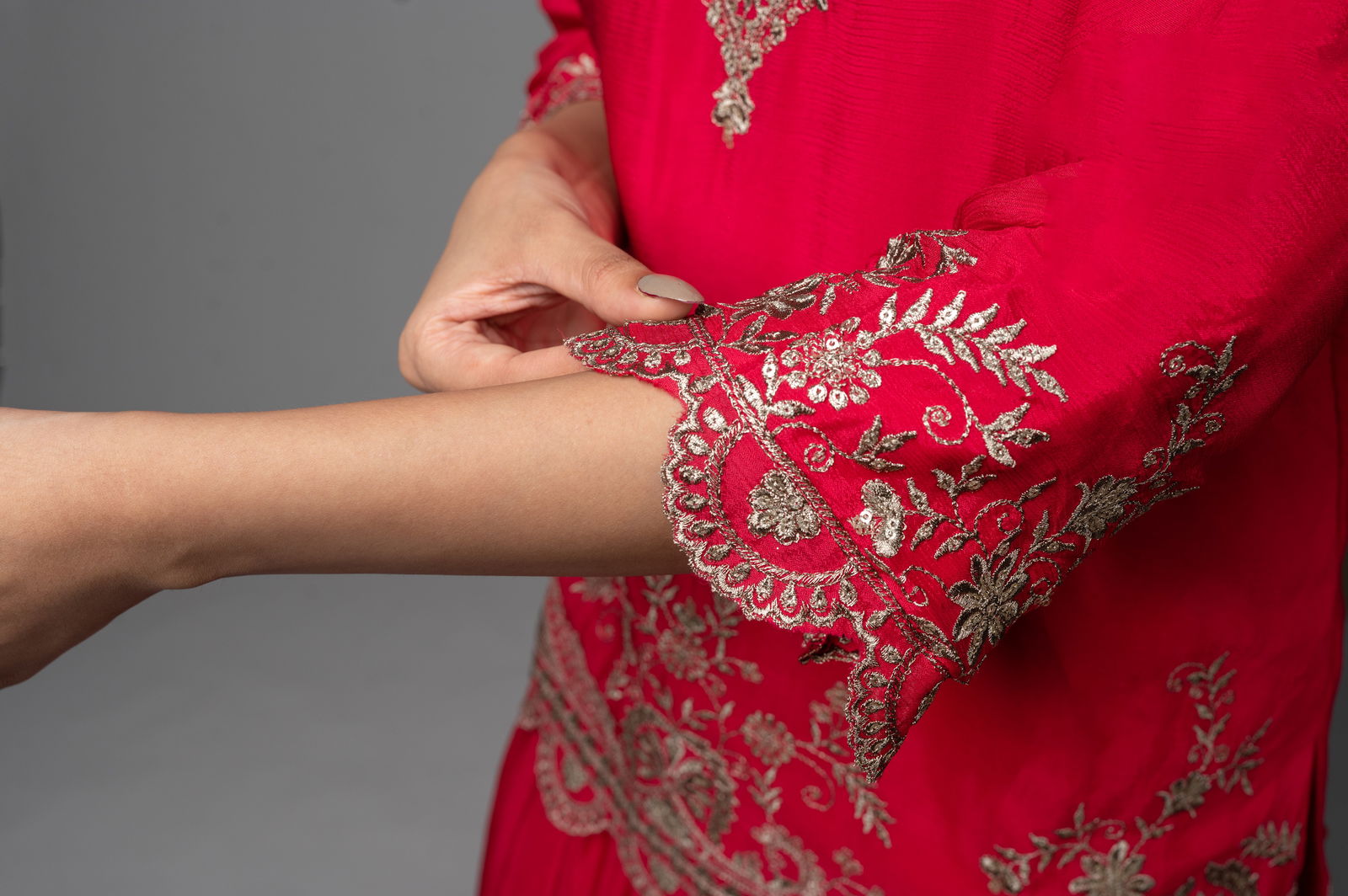 Rani Pink Crepe Kurta Sharara Set with Golden Zari Embroidery - Mayrake.in