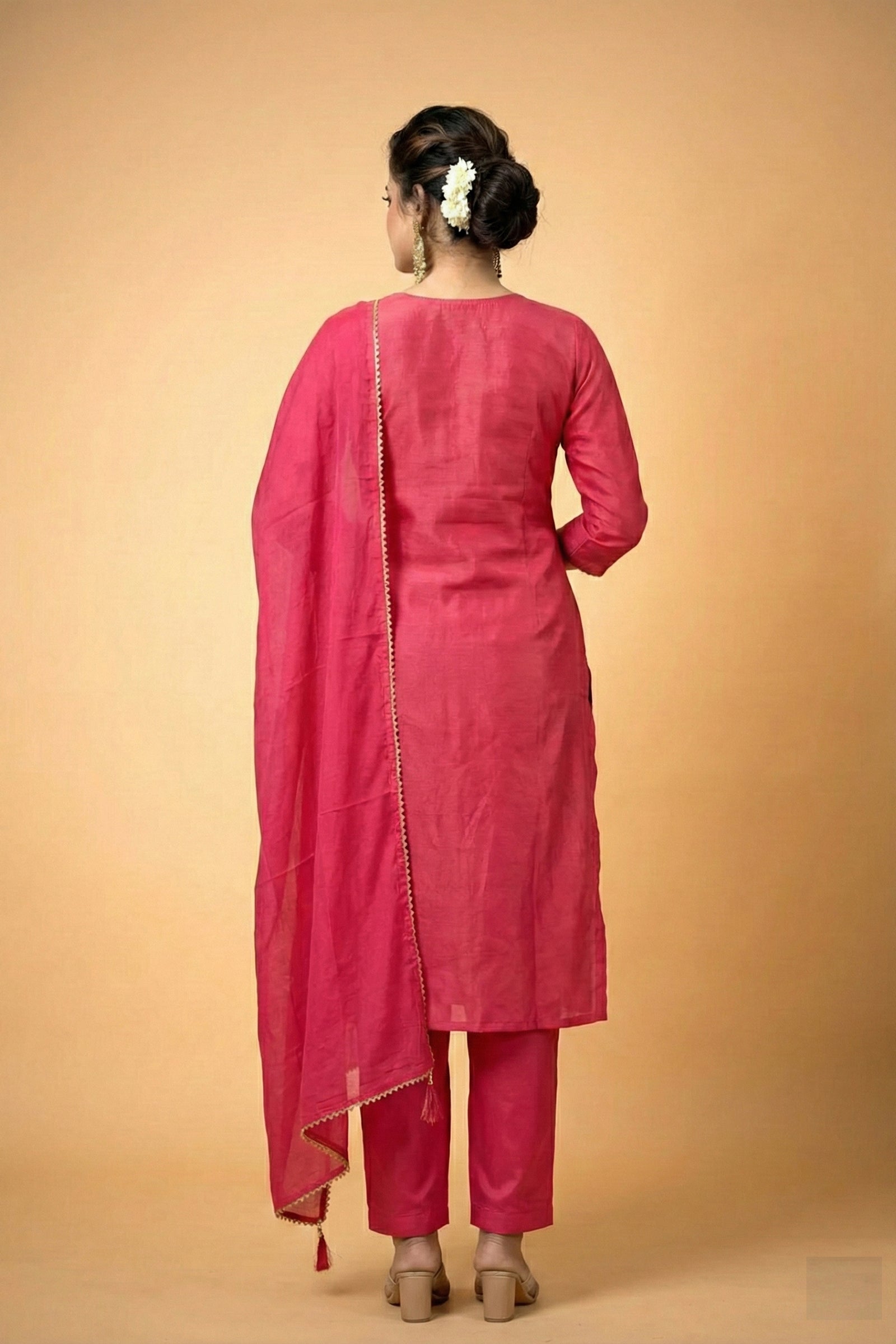 Rani Pink Crepe Silk Straight Kurta with Straight Pant and Hand-Embroidered Floral Work