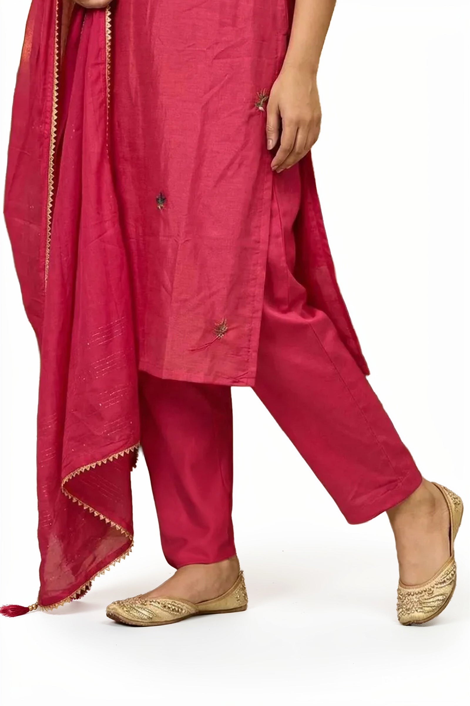 Rani Pink Crepe Silk Straight Kurta with Straight Pant and Hand-Embroidered Floral Work