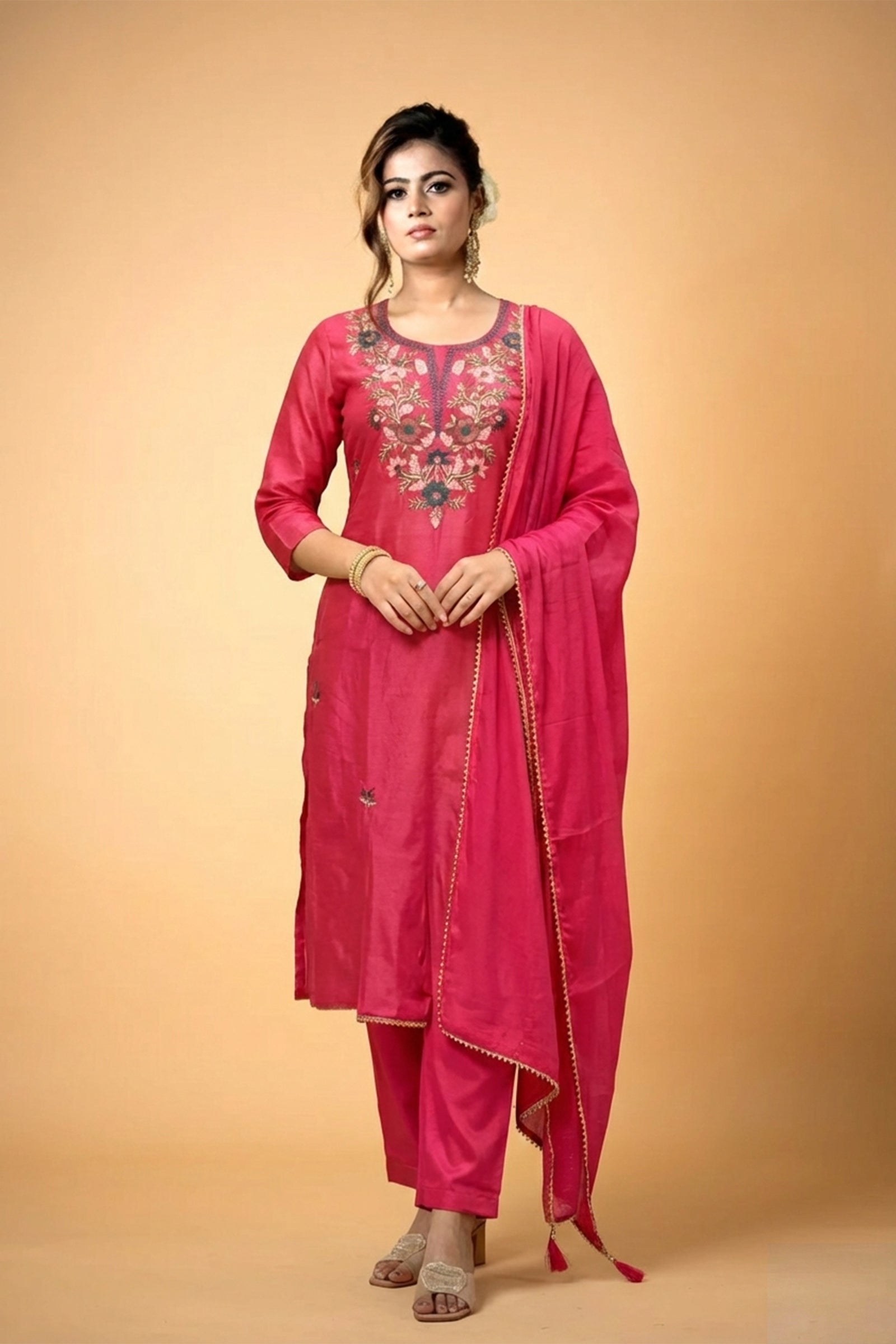 Rani Pink Crepe Silk Straight Kurta with Straight Pant and Hand-Embroidered Floral Work