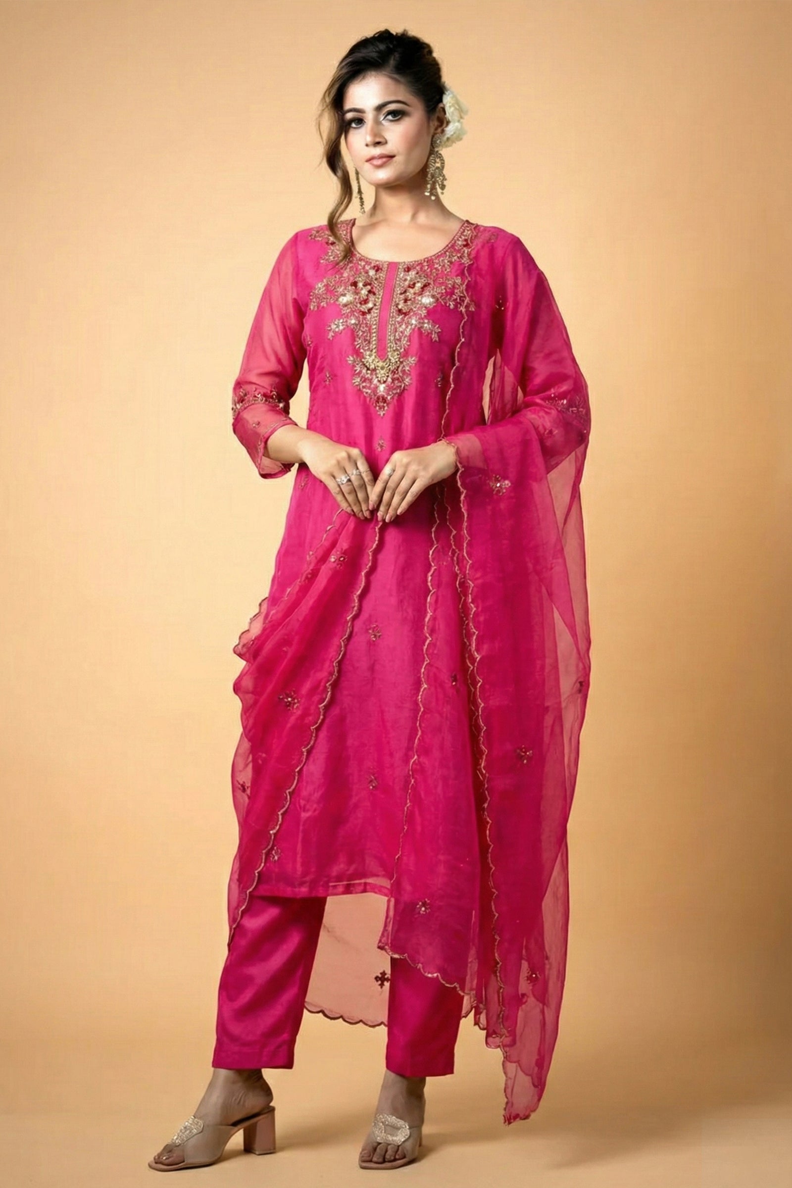 Rani Pink Crepe Silk Straight Kurta with Straight Pant and Hand-Embroidered Sequin Work