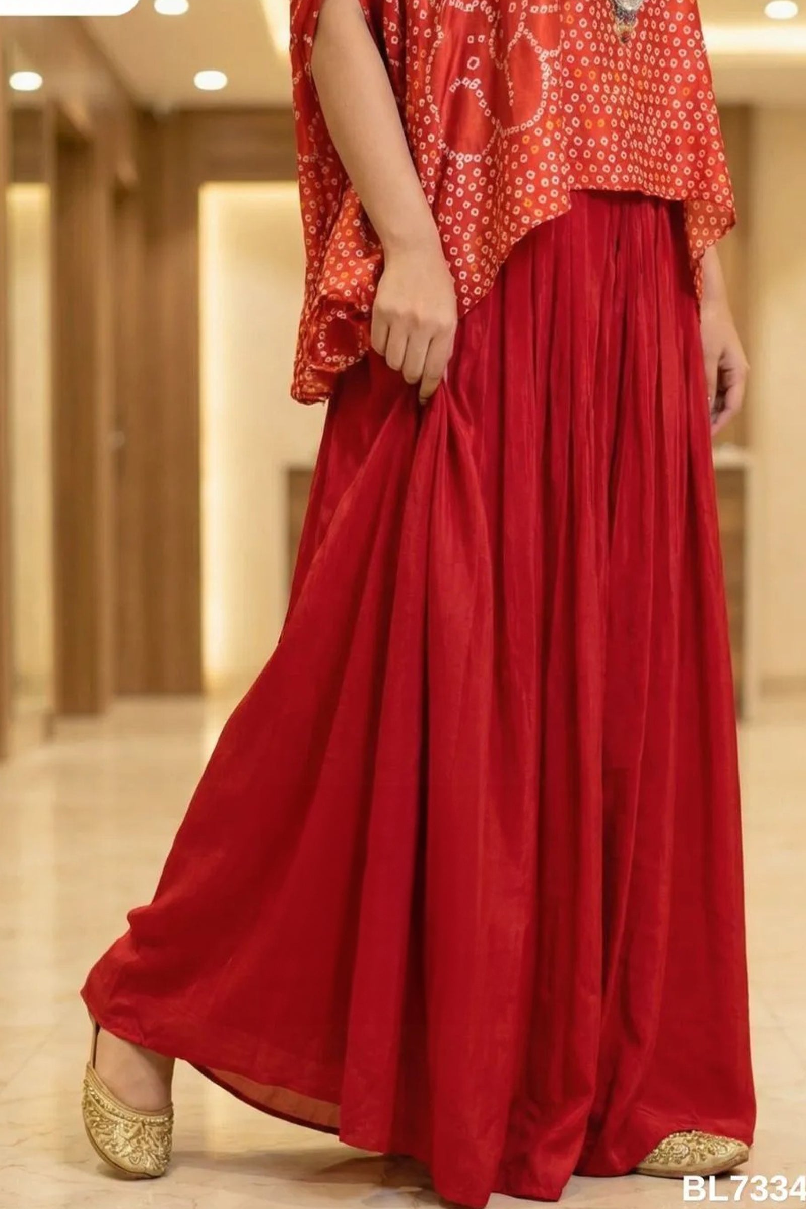 Red Bandhani Silk Kaftan with Flared Palazzo and Heavy Hand-Embroidered Sequin Work