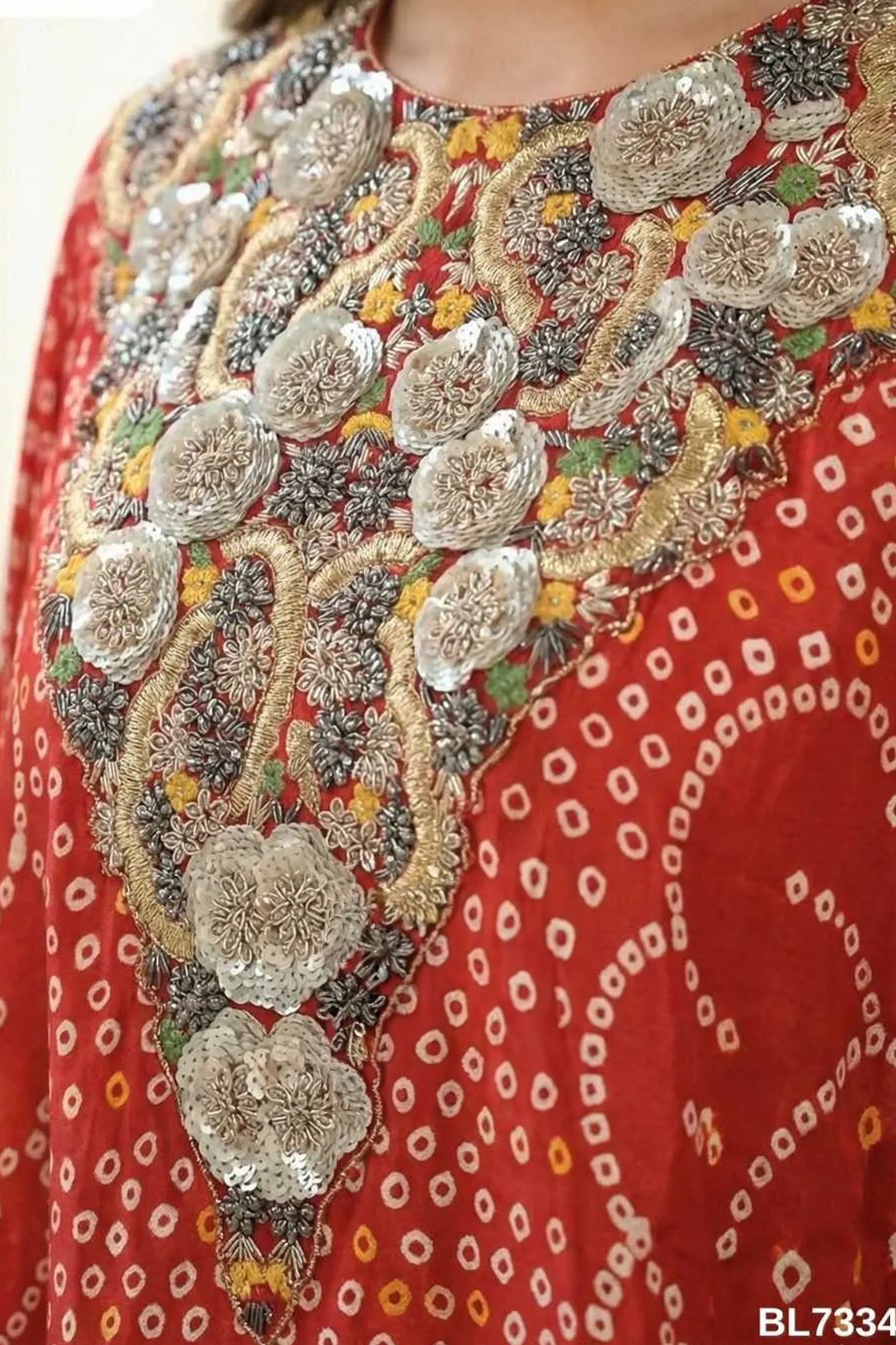 Red Bandhani Silk Kaftan with Flared Palazzo and Heavy Hand-Embroidered Sequin Work
