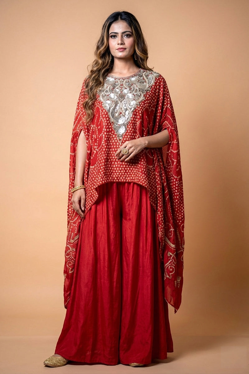 Red Bandhani Silk Kaftan with Flared Palazzo and Heavy Hand-Embroidered Sequin Work