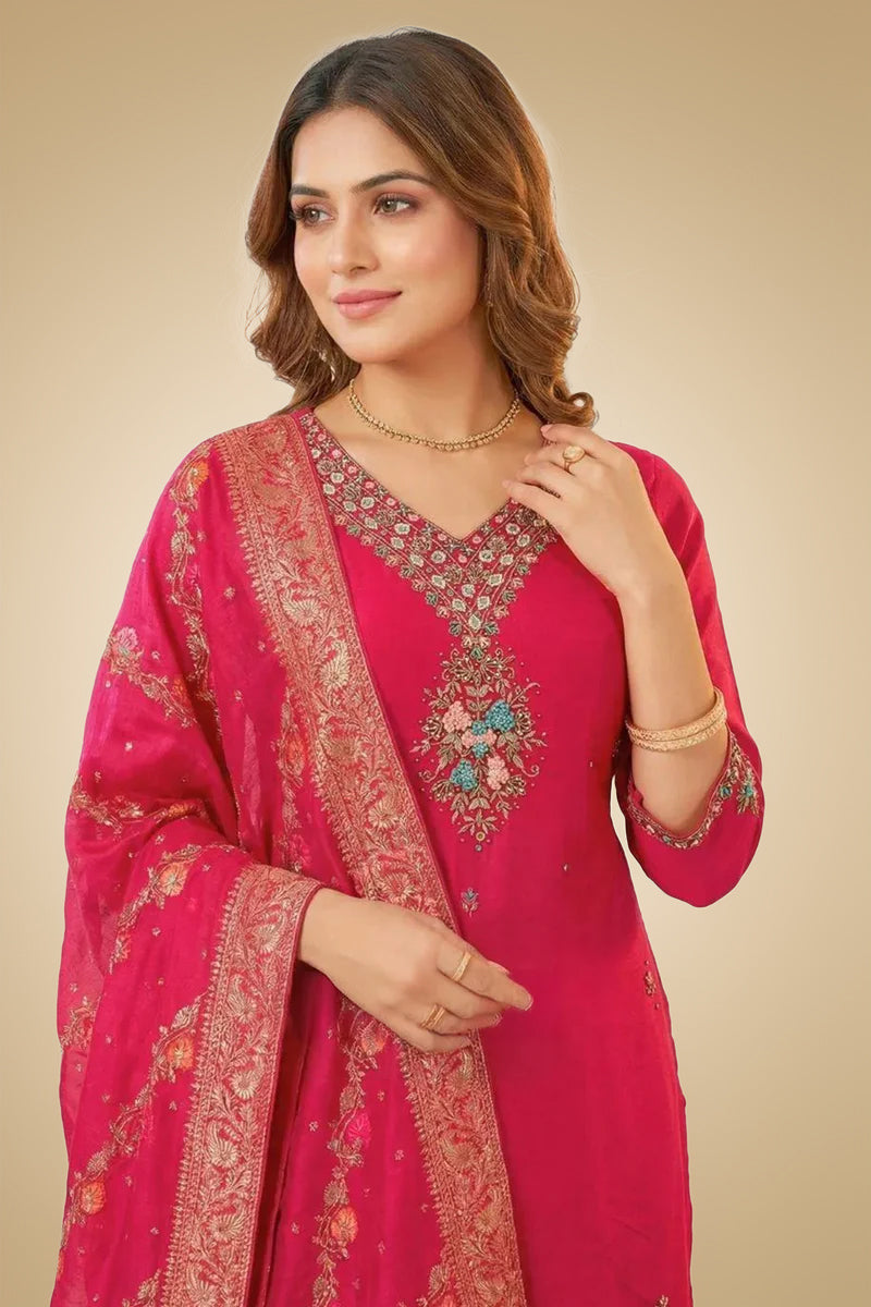 Red Crepe Silk Straight Kurta with Straight Pant and Zardosi Work