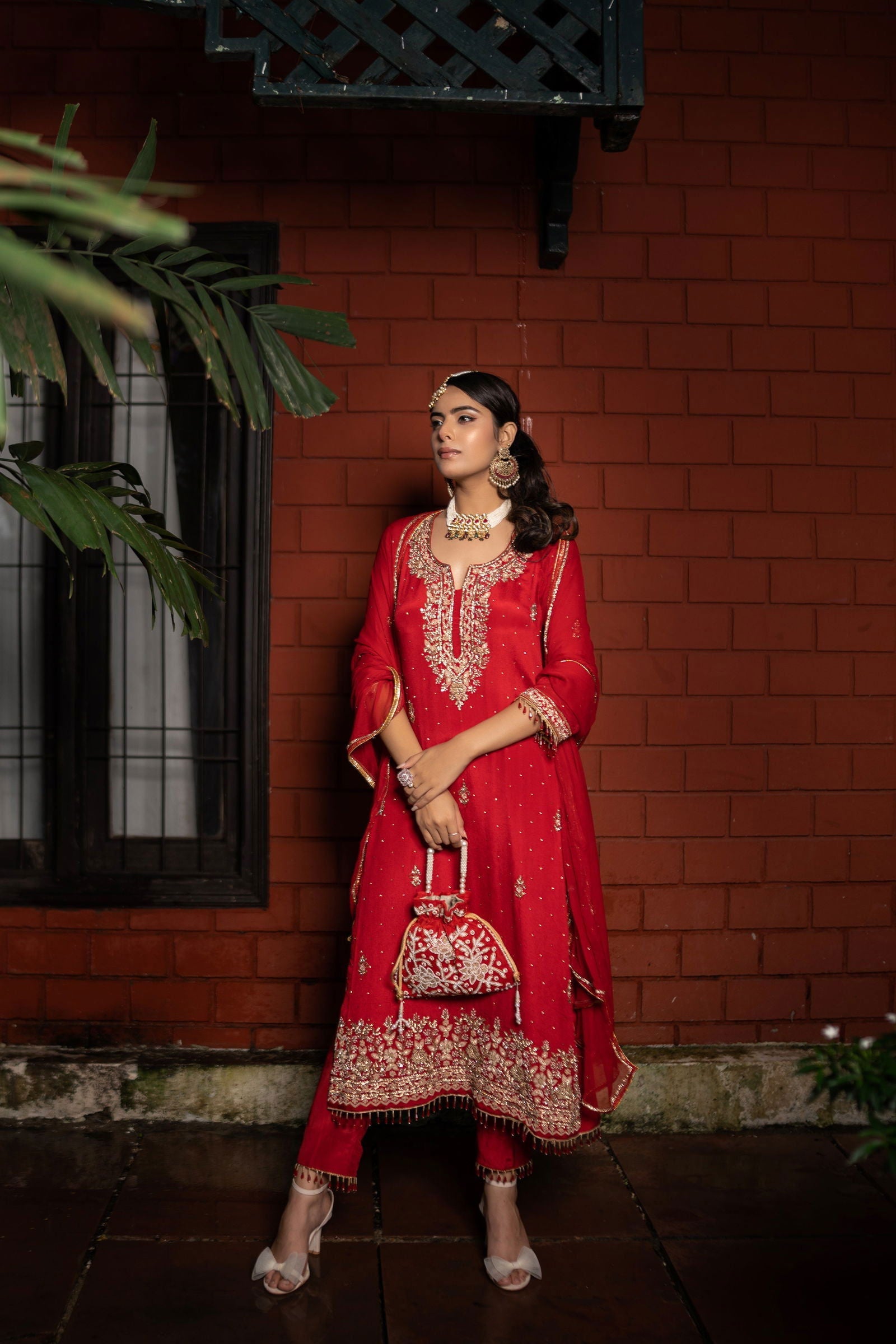 Red Heavy Zardosi Pearl Hand-Embriodered Suit - Mayrake.in
