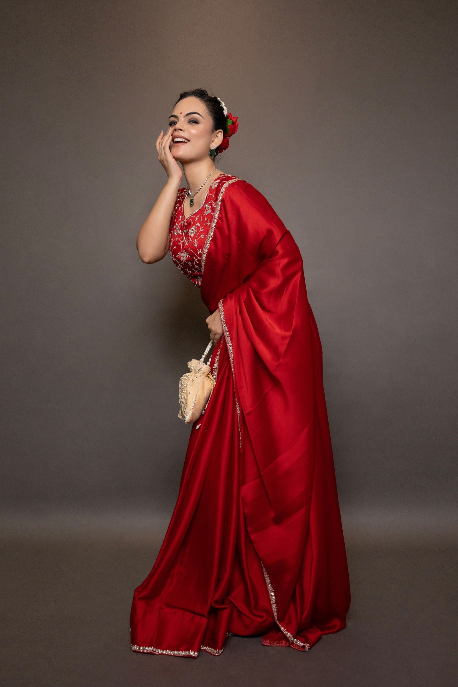 Red Satin Saree with Swarovski Stones and Heavily Embellished Blouse - Mayrake