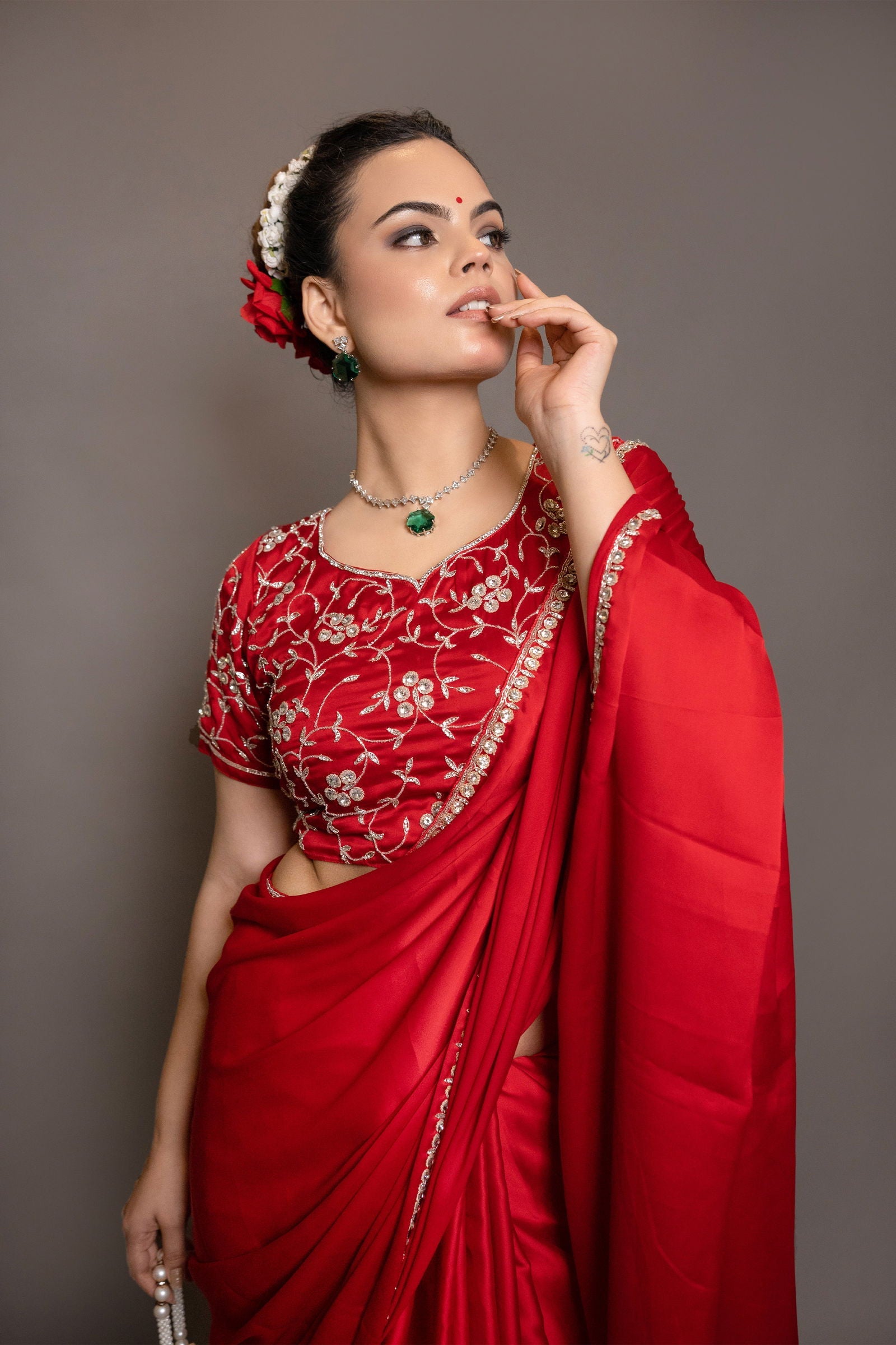 Red Satin Saree with Swarovski Stones and Heavily Embellished Blouse - Mayrake
